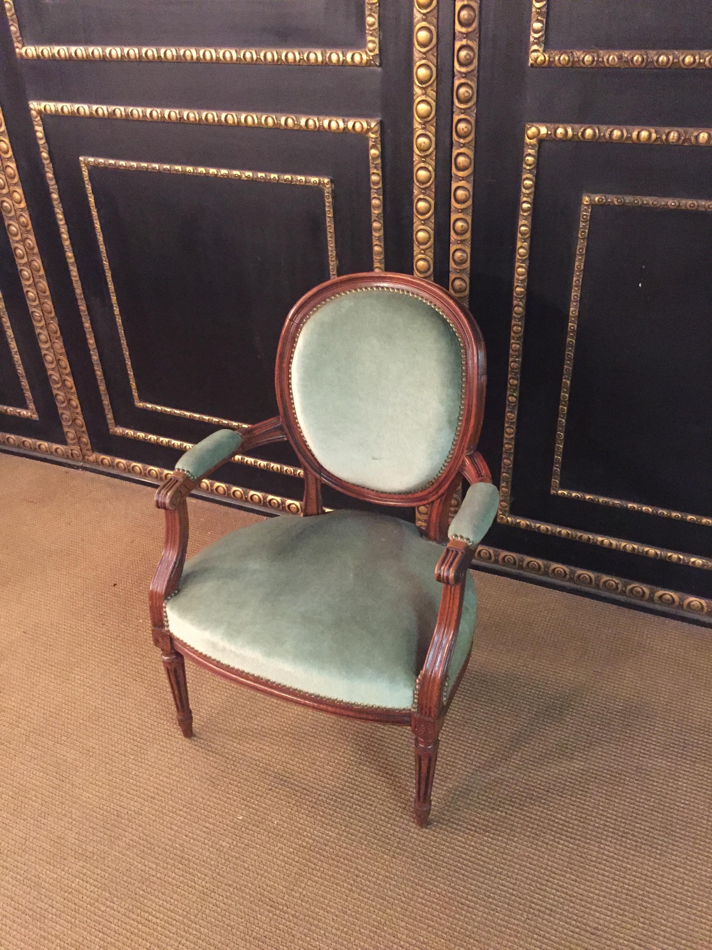 20th Century Armchair in antique Louis Seize Style Walnut veneer hand carved For Sale