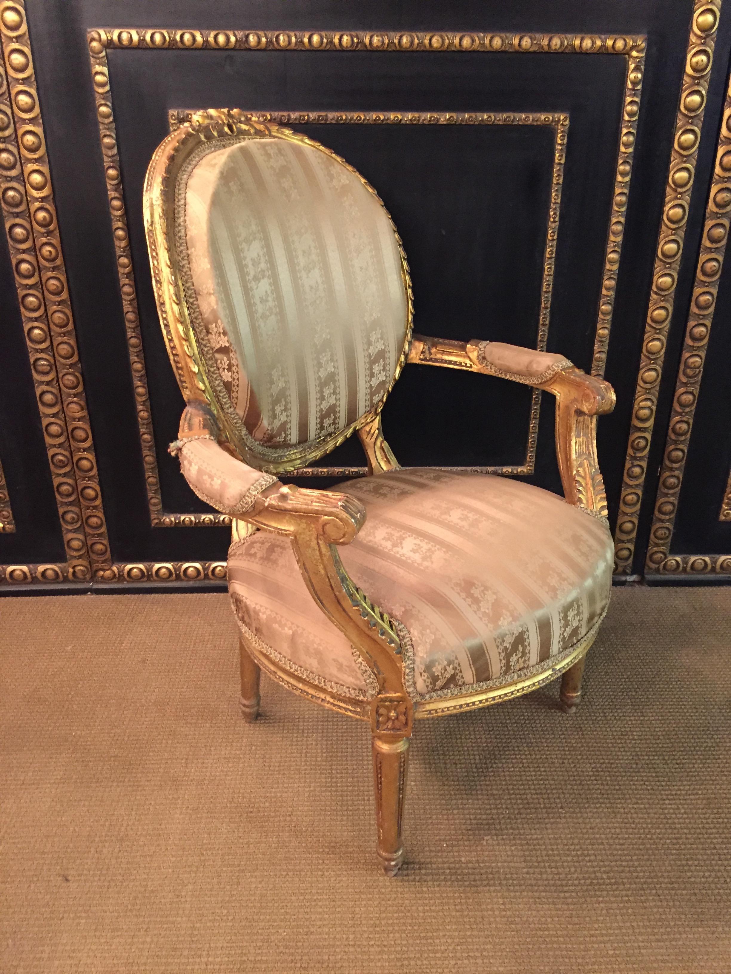 Beech Armchair in antique Louis Seize Style XV with Curved Armrests beech For Sale
