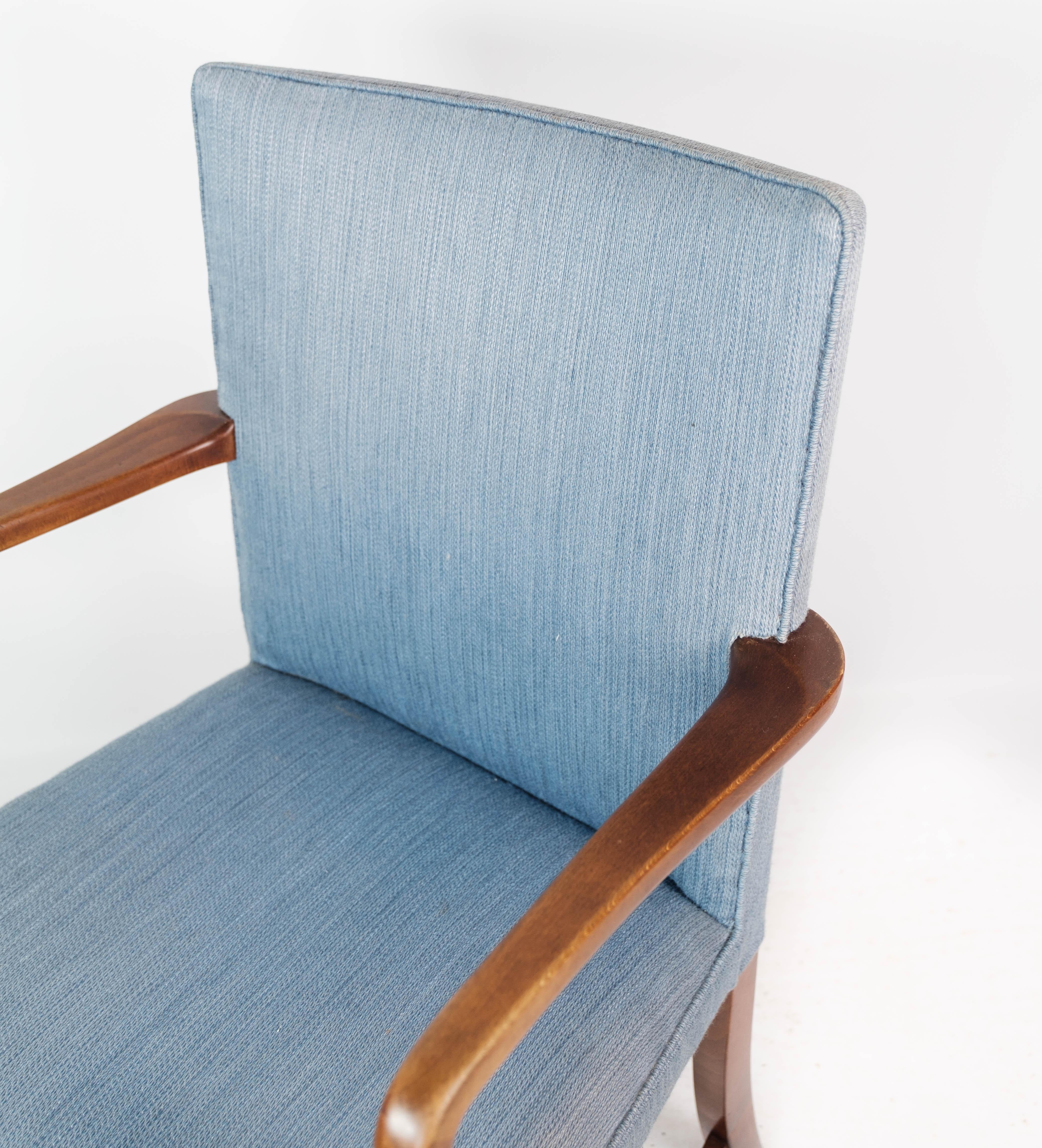 Danish Armchair in Mahogany and Upholstered with Light Blue Fabric by Fritz Hansen For Sale