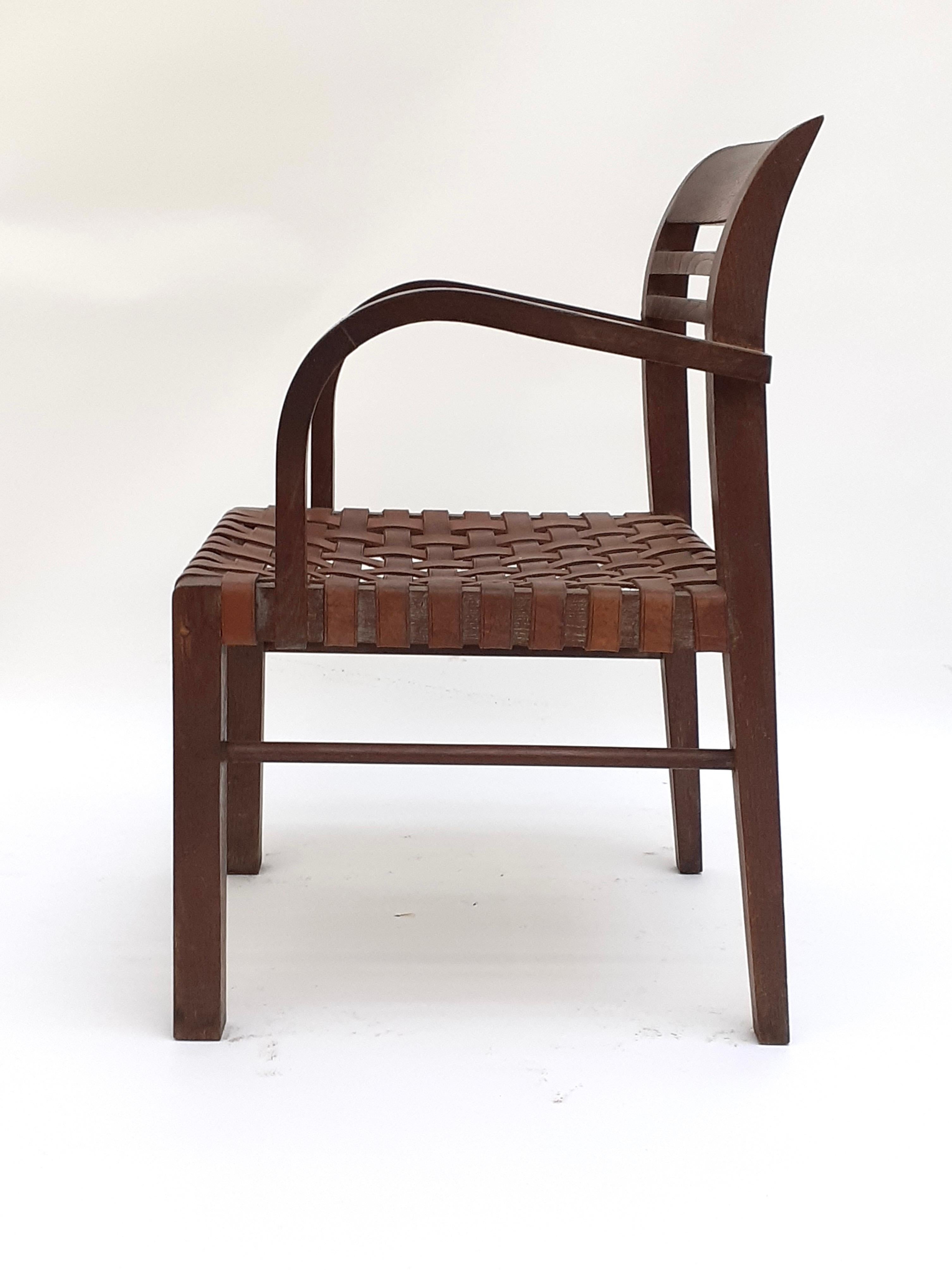French Armchair in Oak and Leather by René Gabriel, Norma, 1935 For Sale