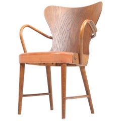Armchair in Oak and Patinated Leather by Fritz Hansen, 1940s