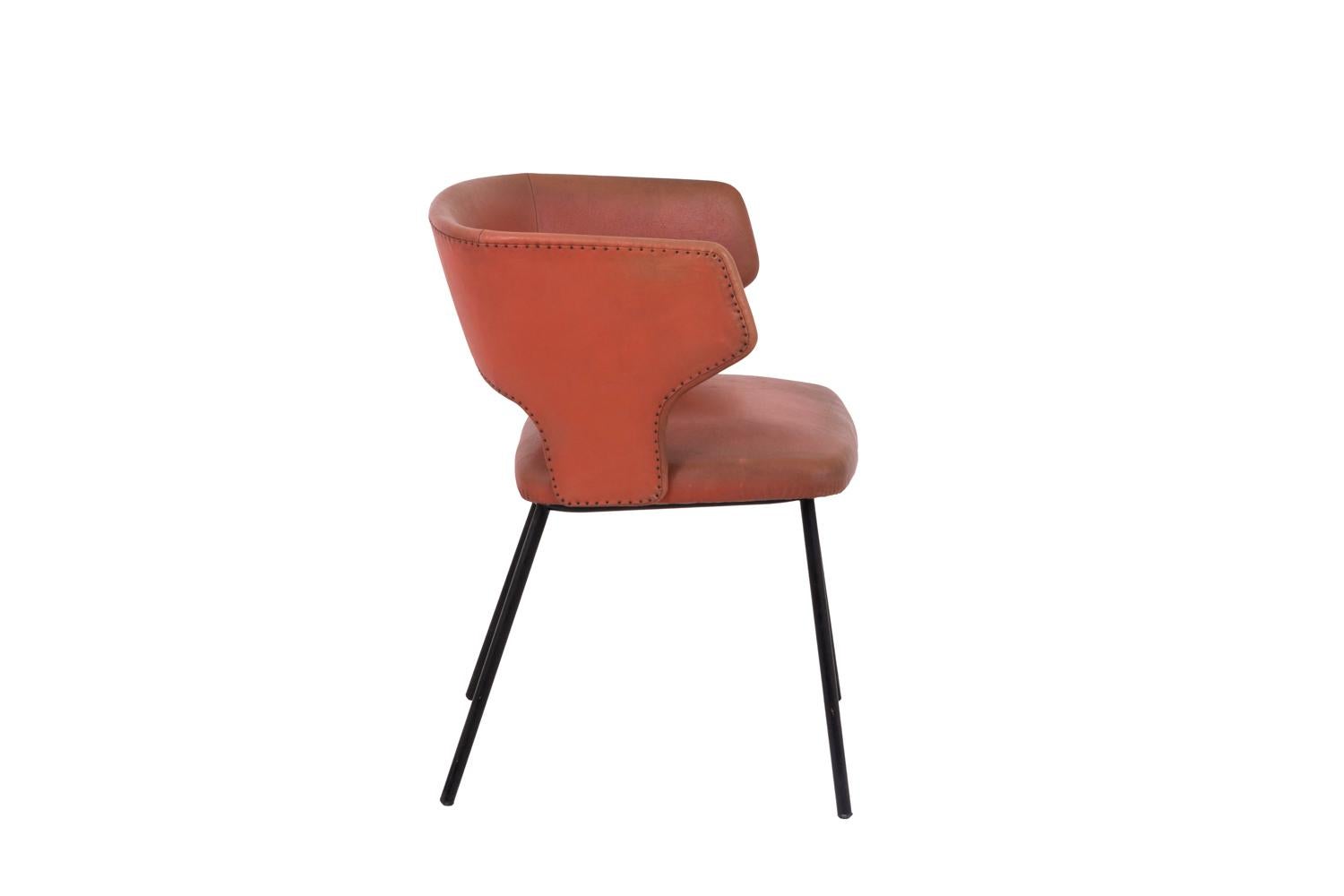 Mid-Century Modern Armchair in Orange Skai and Black Lacquered Metal, 1950s For Sale