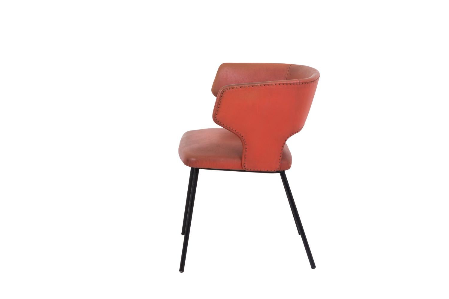 European Armchair in Orange Skai and Black Lacquered Metal, 1950s For Sale