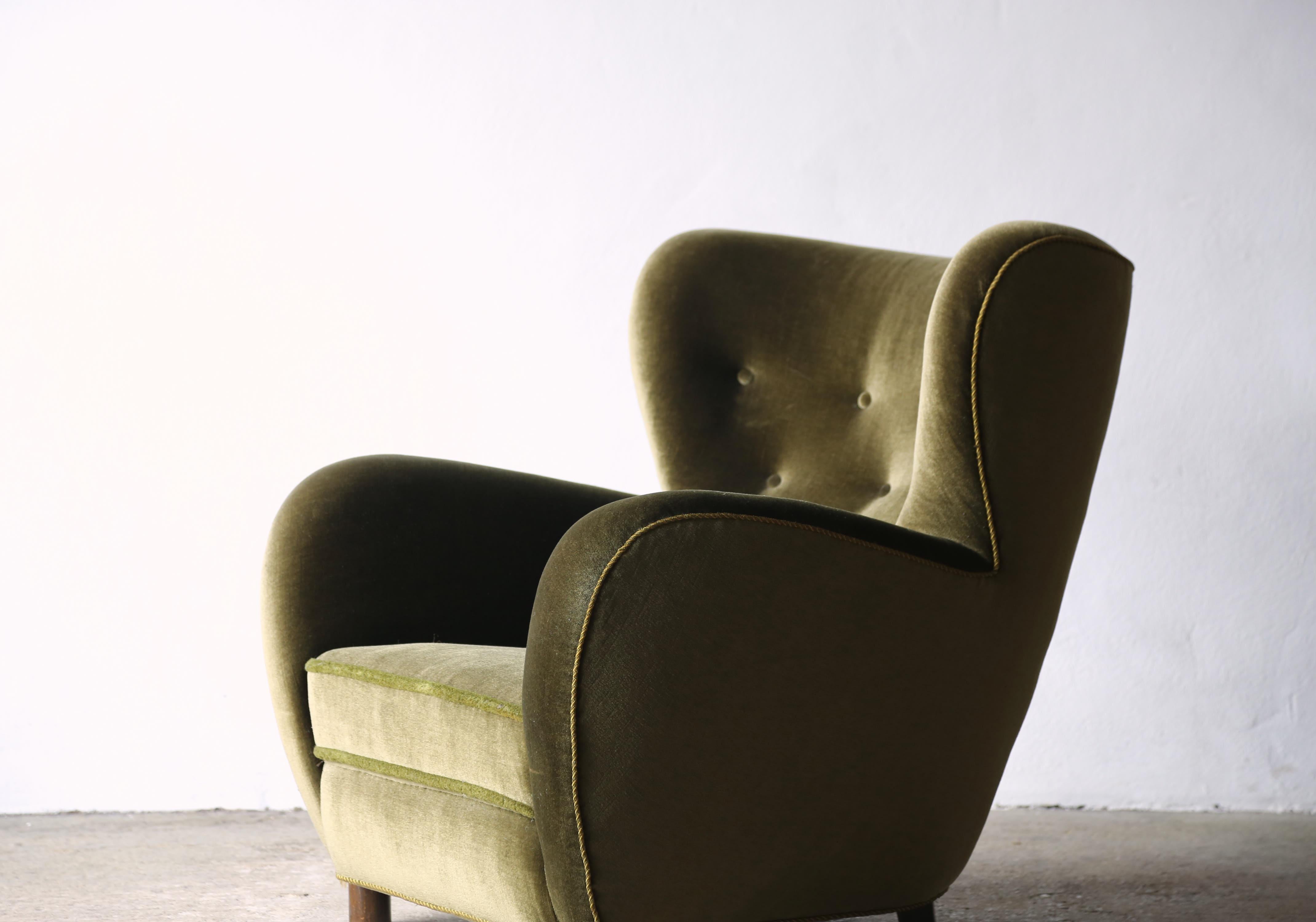 Scandinavian Modern Armchair in Original Sage Velvet, Denmark, 1950s