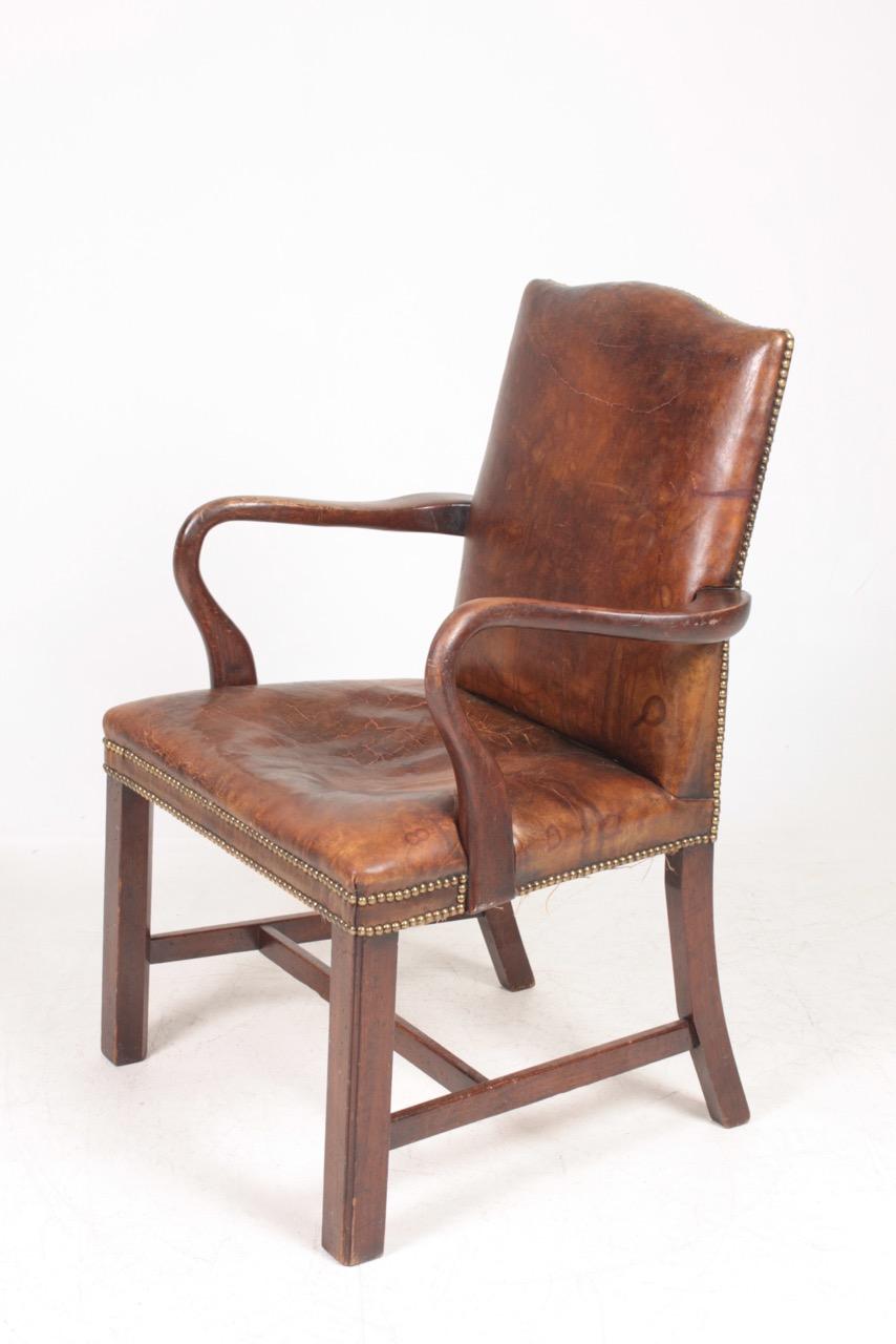 Scandinavian Modern Armchair in Patinated Leather, Danish Design, 1940s For Sale