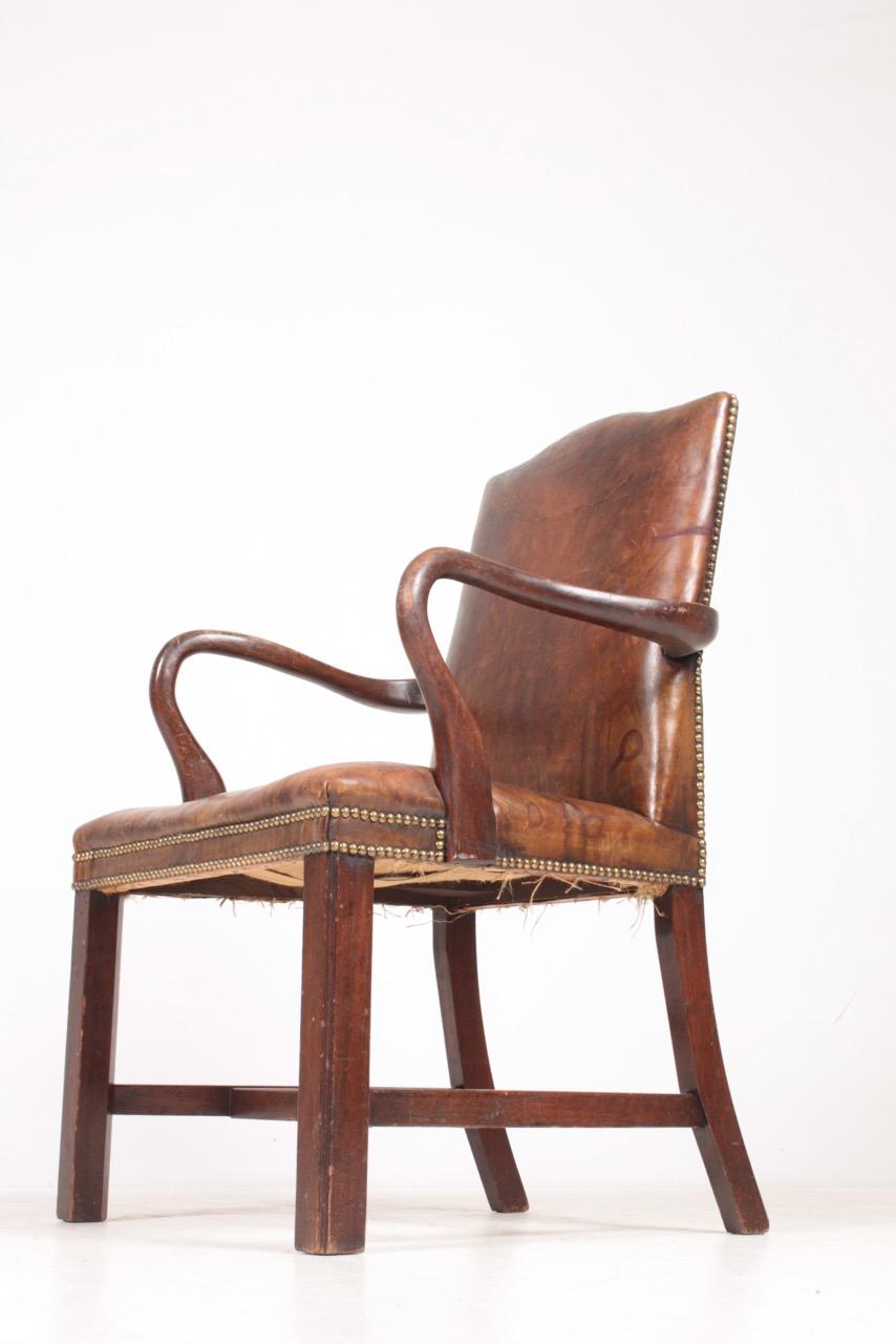 Scandinavian Armchair in Patinated Leather, Danish Design, 1940s For Sale