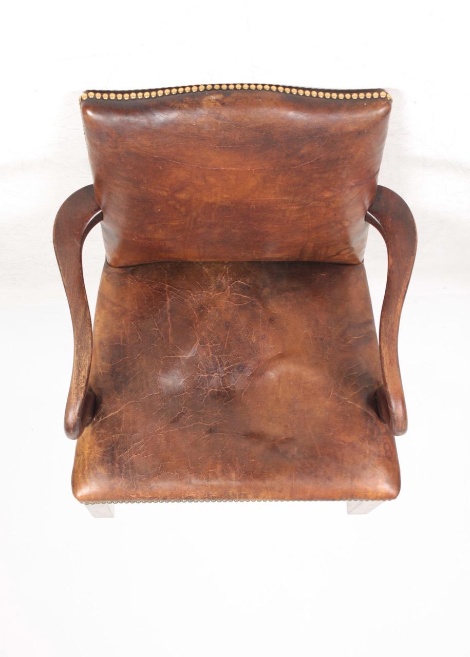 Armchair in Patinated Leather, Danish Design, 1940s For Sale 3