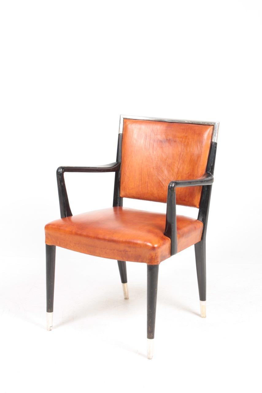 Armchair in Patinated Leather, Details in Silver by Lysberg Hansen & Terp, 1940s 5