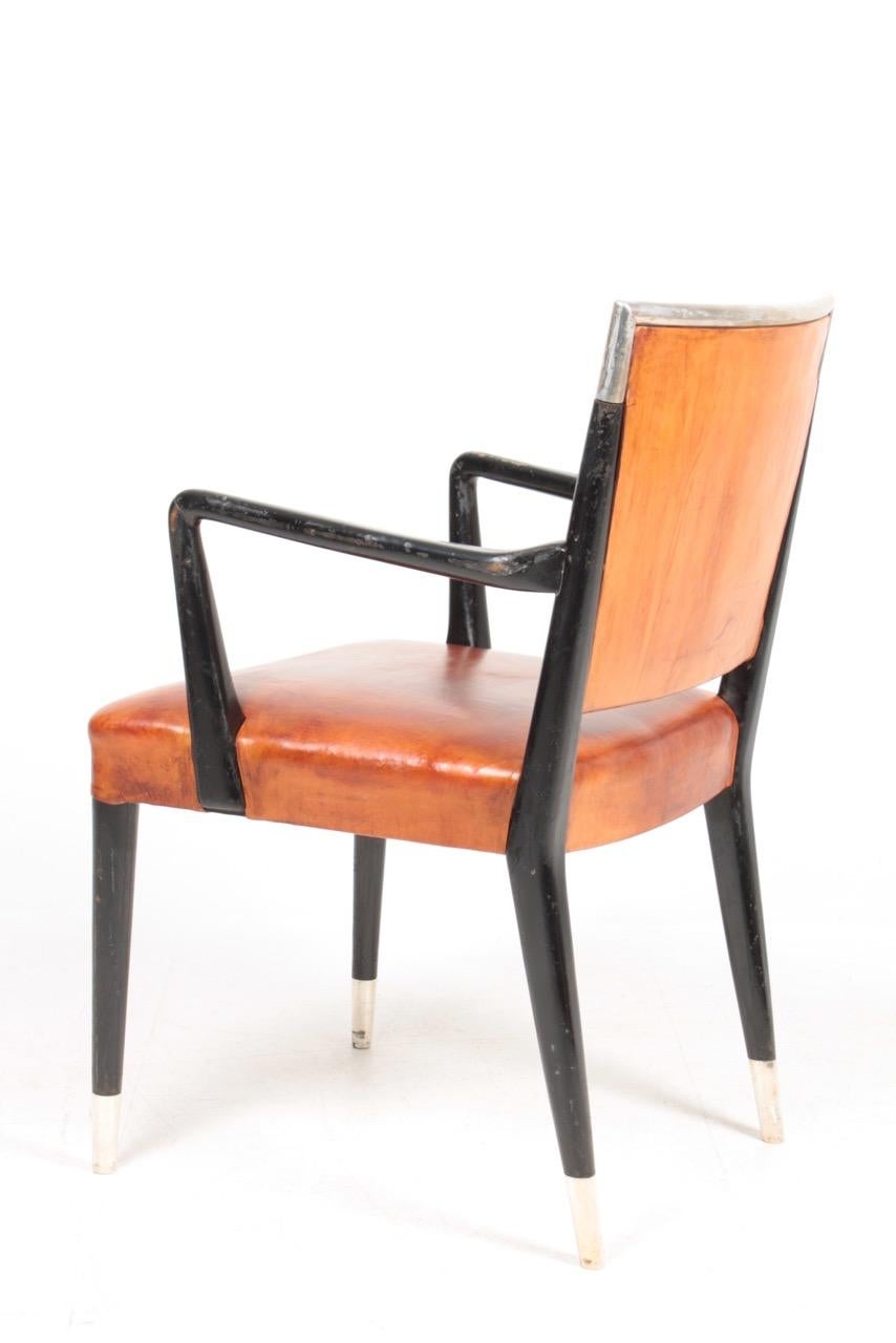 Scandinavian Modern Armchair in Patinated Leather, Details in Silver by Lysberg Hansen & Terp, 1940s