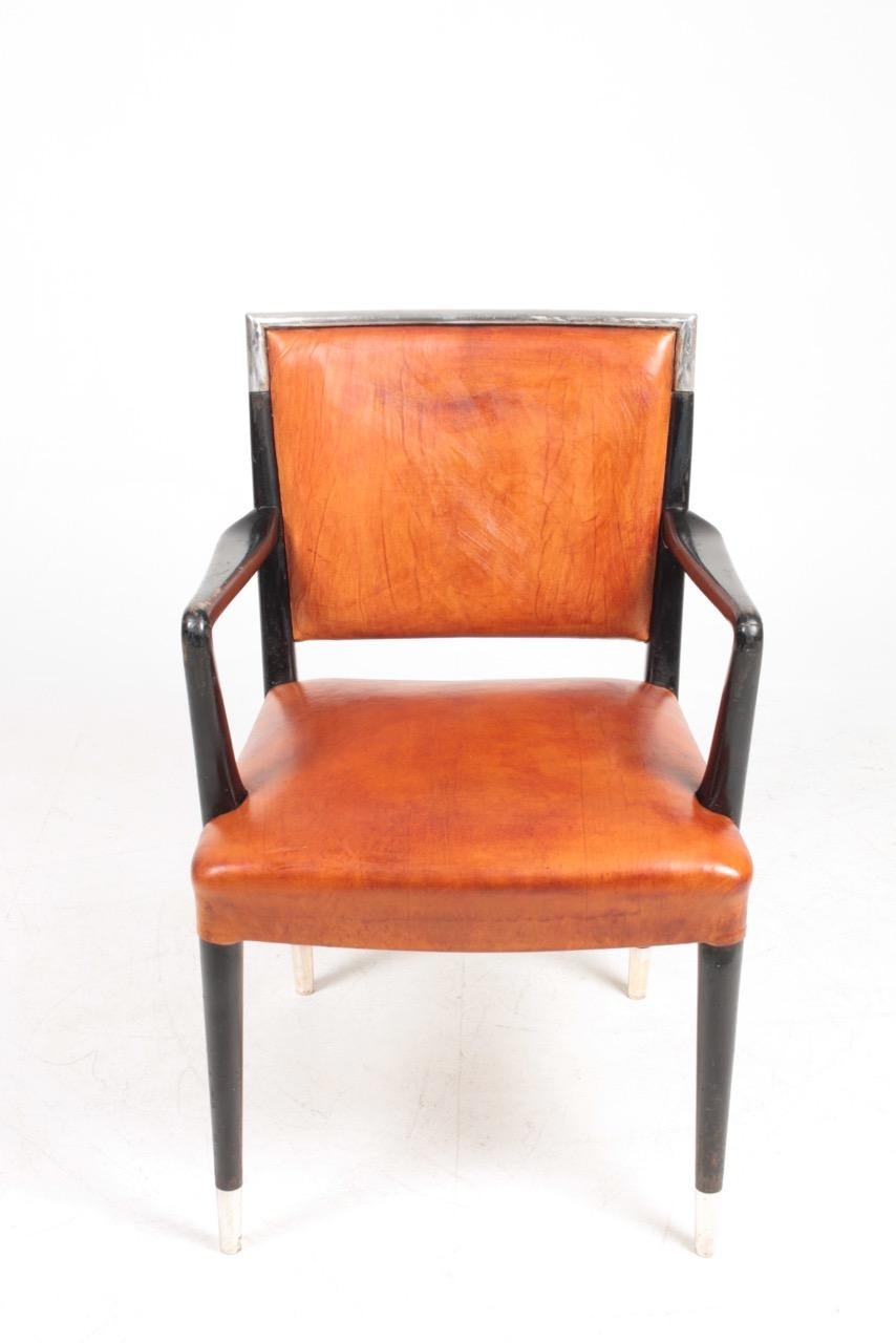 Armchair in Patinated Leather, Details in Silver by Lysberg Hansen & Terp, 1940s In Good Condition In Lejre, DK