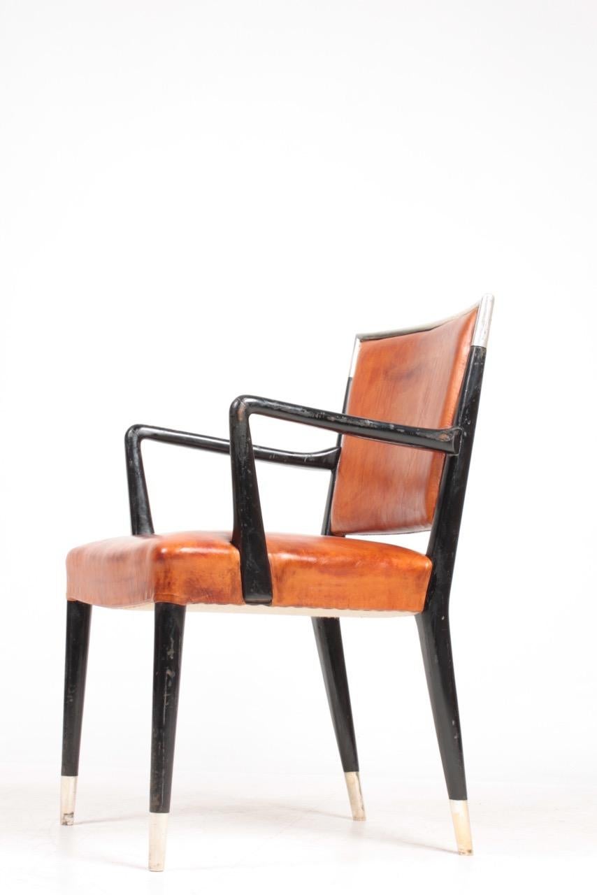 Danish Armchair in Patinated Leather, Details in Silver by Lysberg Hansen & Terp, 1940s