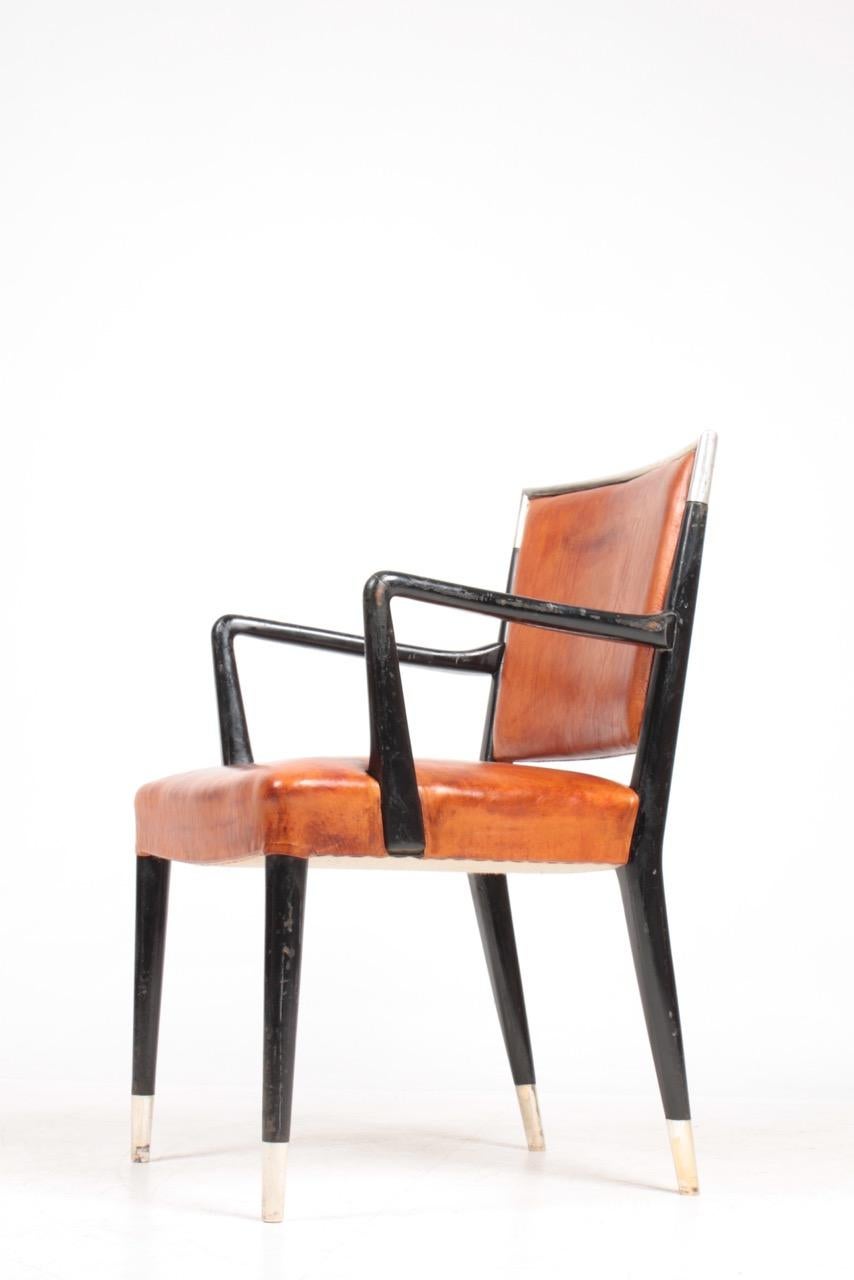 Mid-20th Century Armchair in Patinated Leather, Details in Silver by Lysberg Hansen & Terp, 1940s