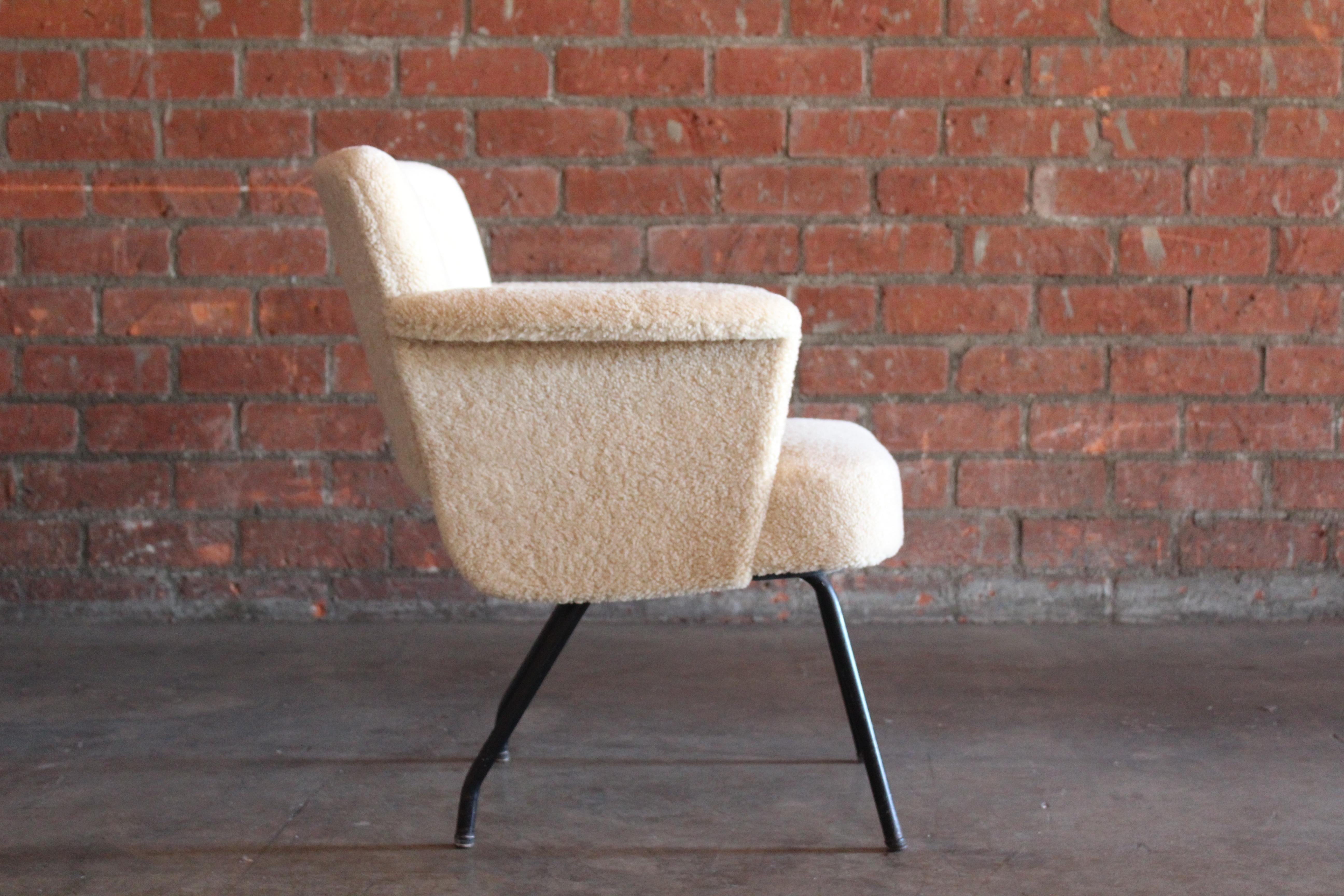 Armchair in Sheepskin by Pierre Guariche, France, 1950s In Good Condition In Los Angeles, CA