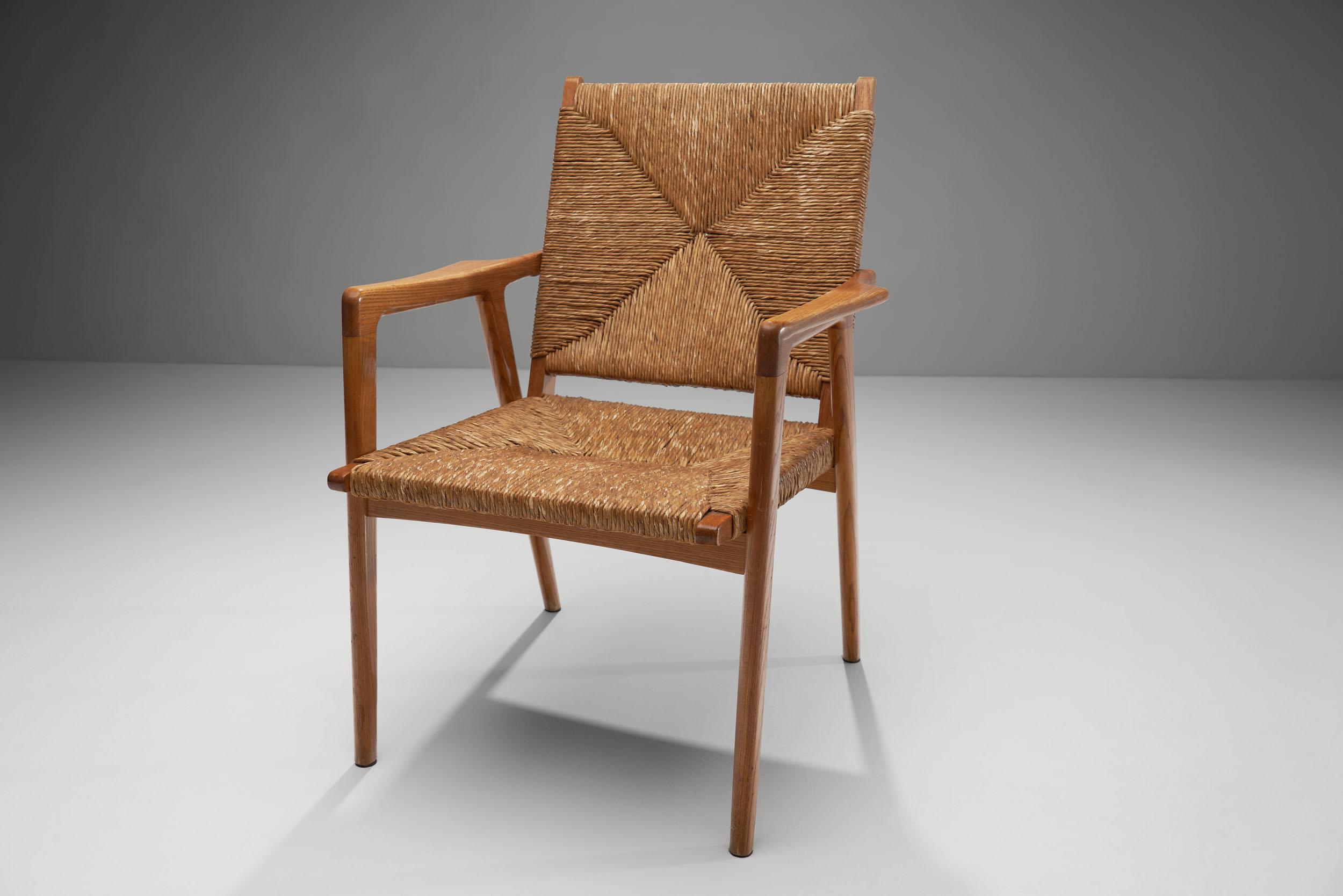 Mid-20th Century Armchair in Solid Oak and Cane, Denmark, circa 1960s