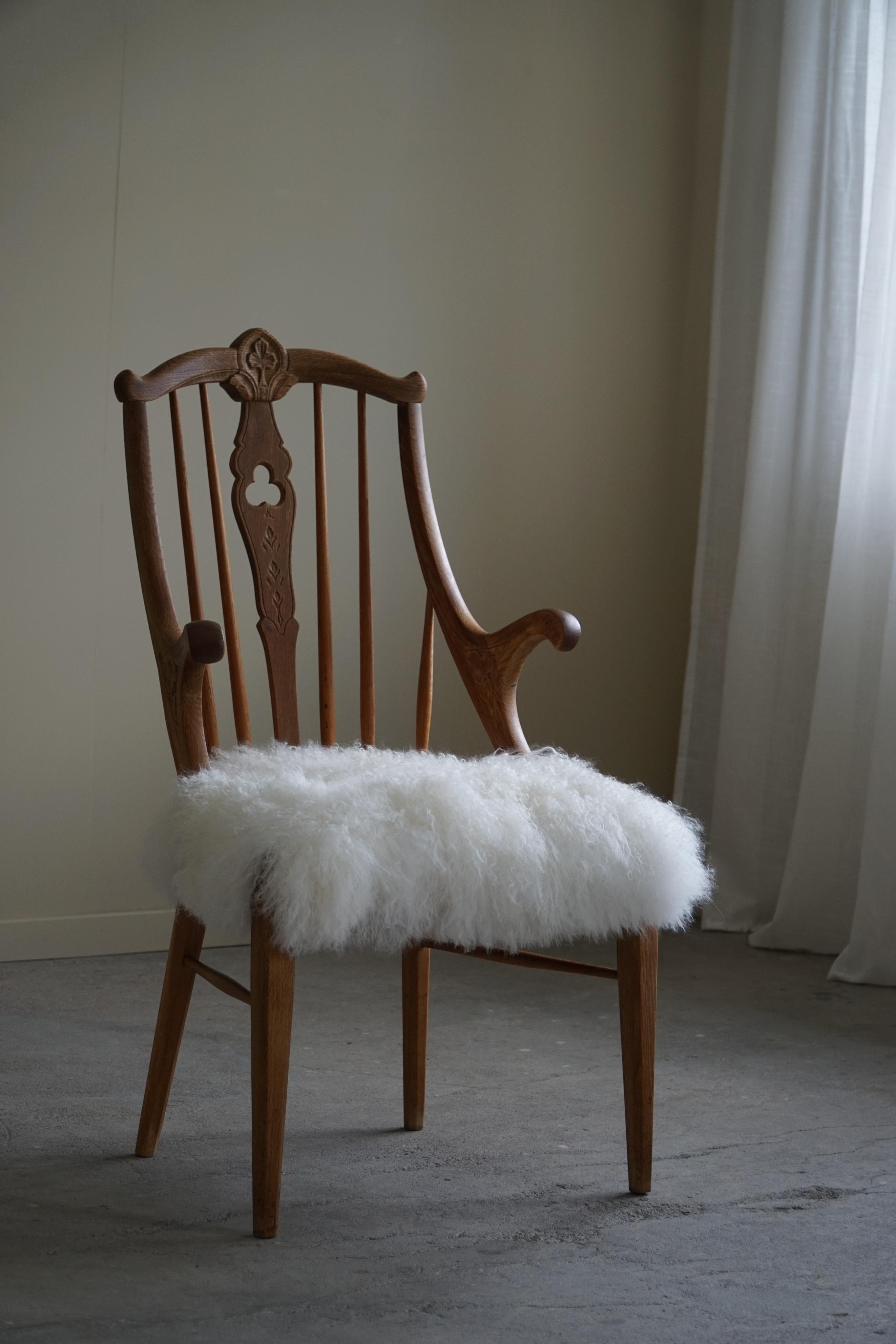 Armchair in Solid Oak, Reupholstered in Lambswool, Danish Mid Century, 1950s For Sale 7