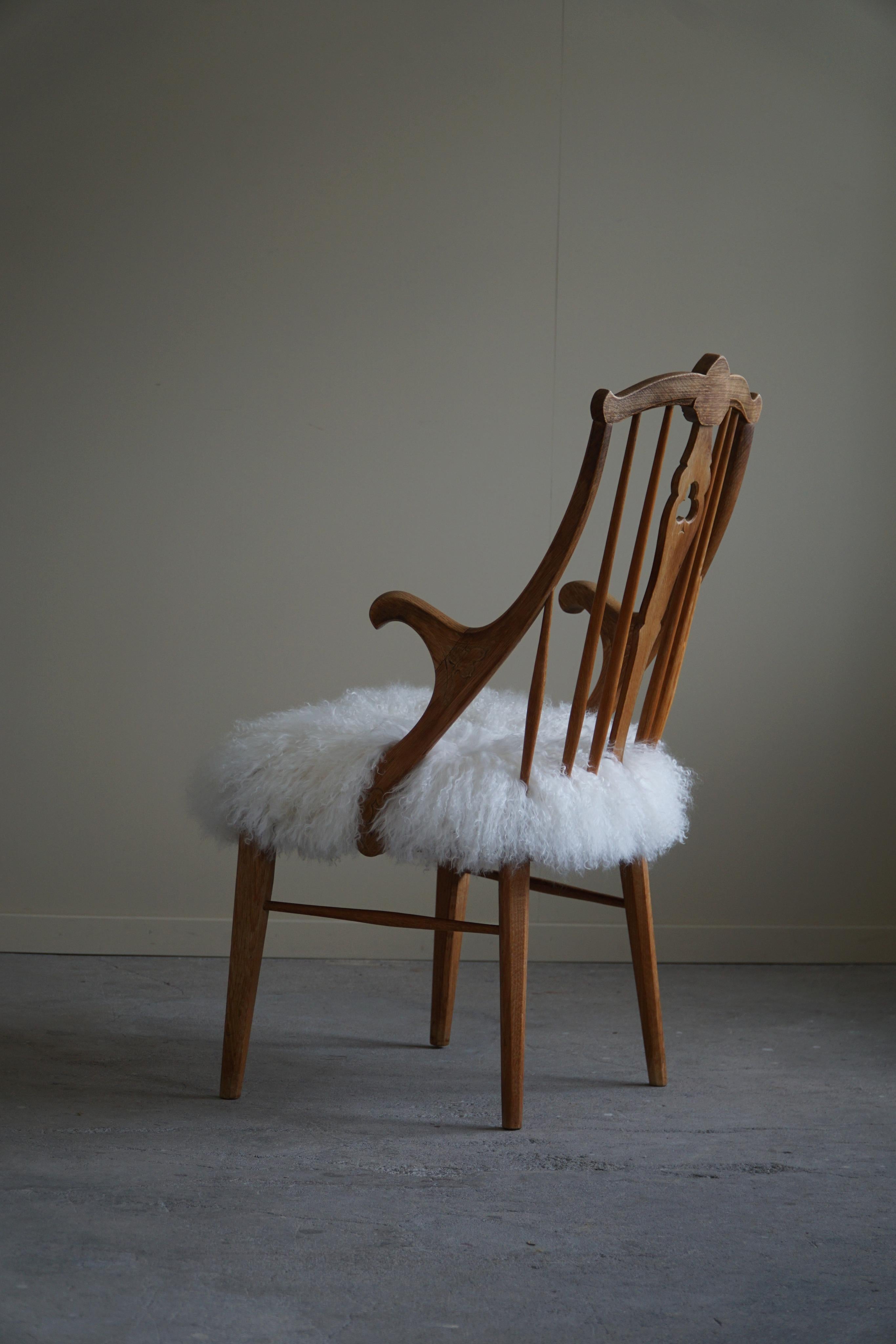 Armchair in Solid Oak, Reupholstered in Lambswool, Danish Mid Century, 1950s For Sale 10