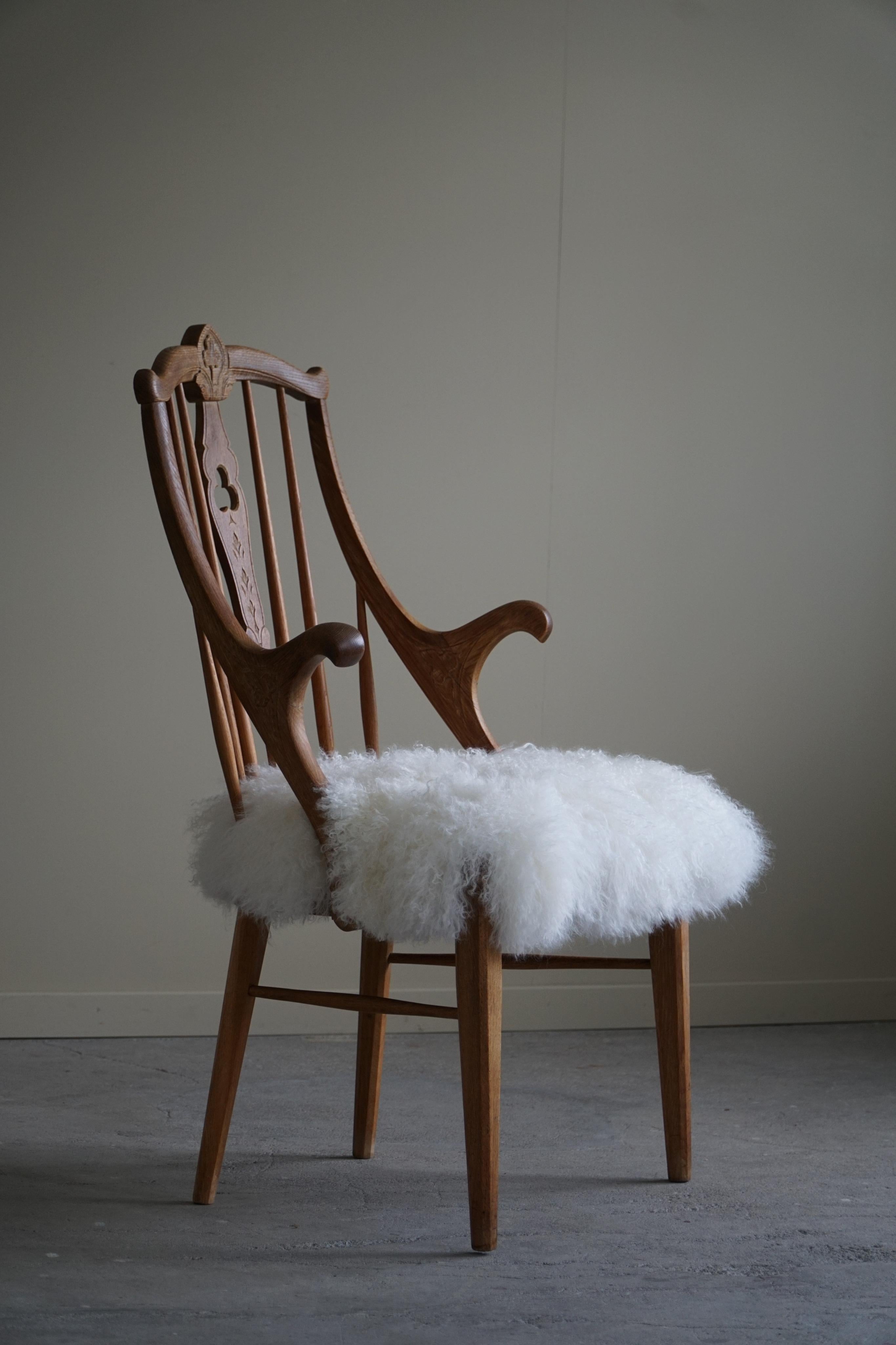 Lambskin Armchair in Solid Oak, Reupholstered in Lambswool, Danish Mid Century, 1950s For Sale