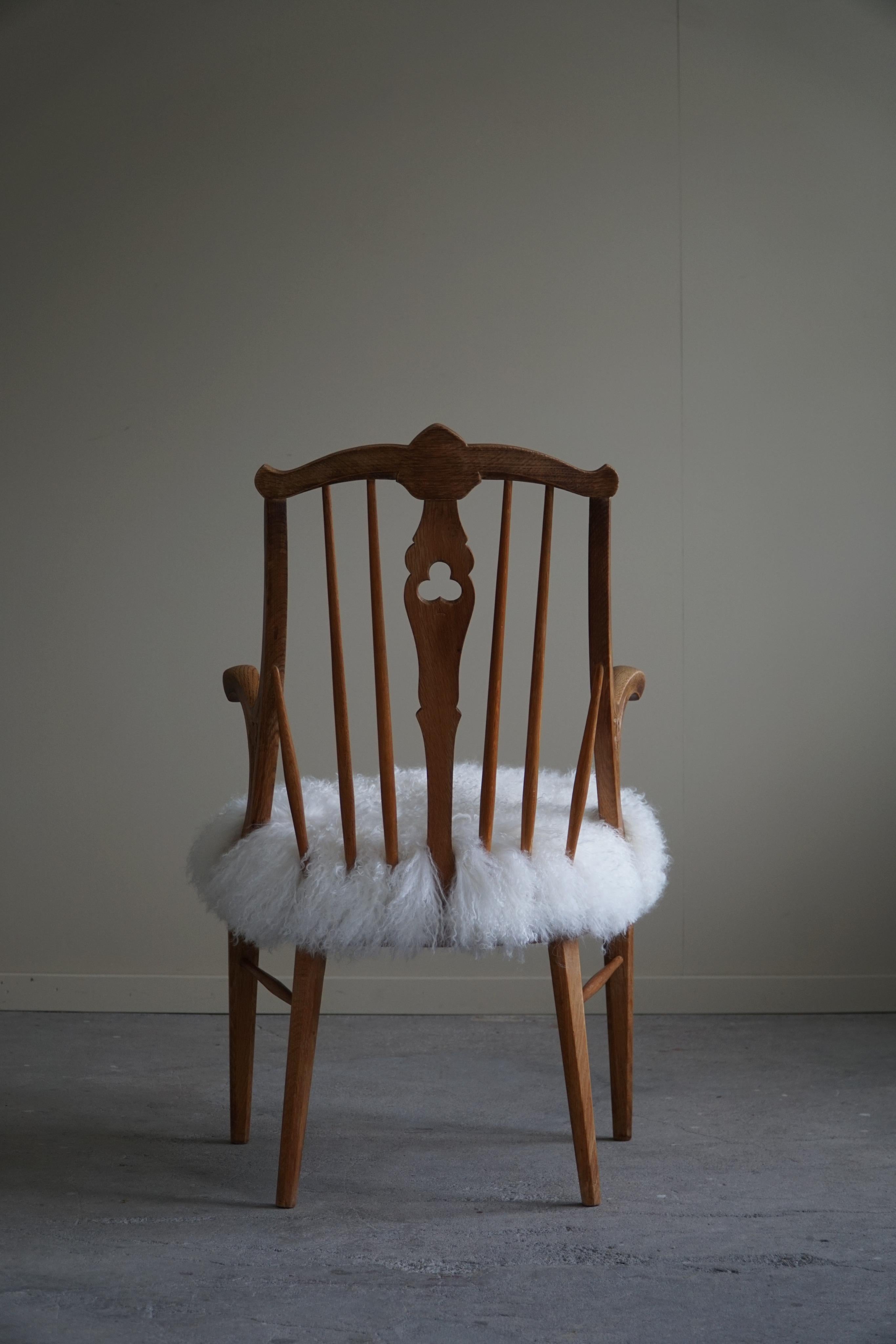 Armchair in Solid Oak, Reupholstered in Lambswool, Danish Mid Century, 1950s For Sale 1