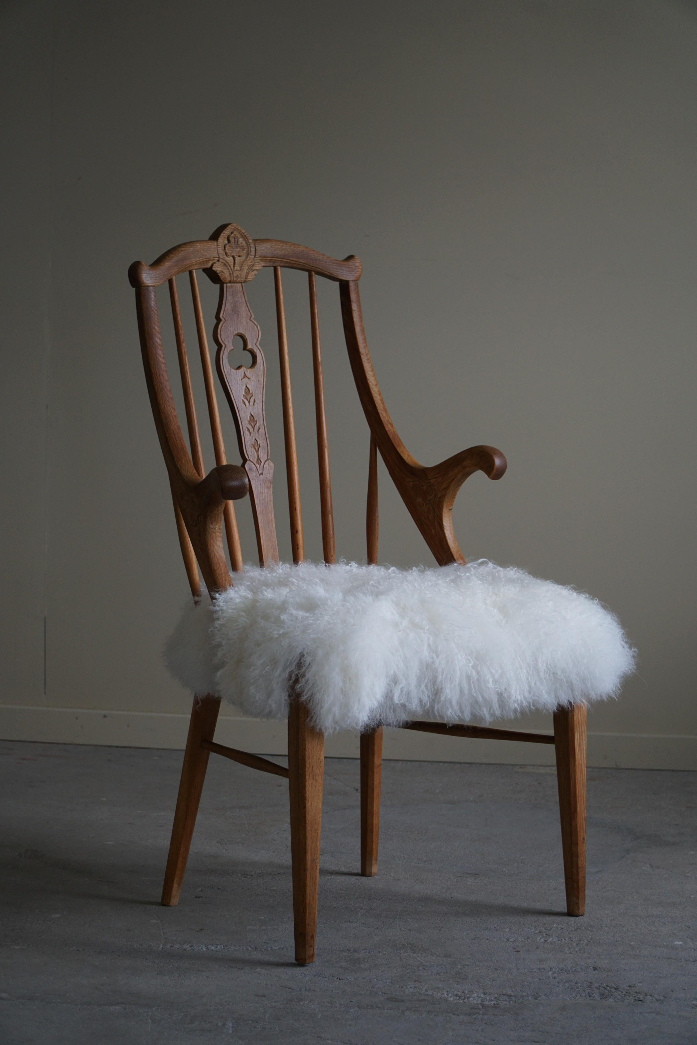 Armchair in Solid Oak, Reupholstered in Lambswool, Danish Mid Century, 1950s For Sale 2