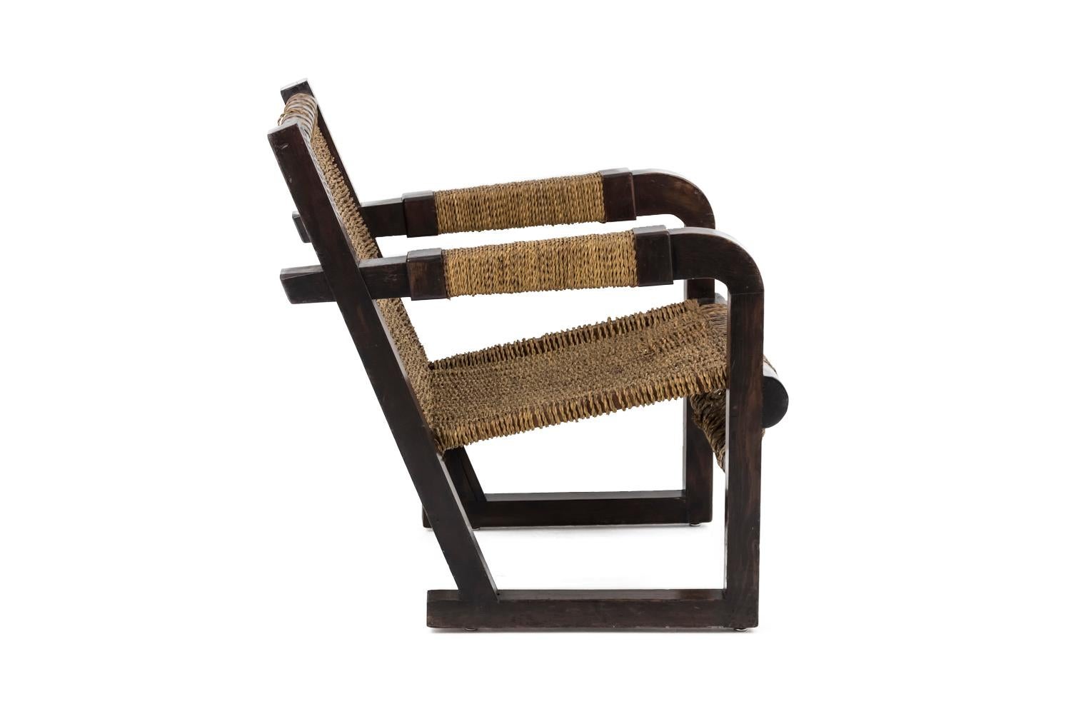 French Francis Jourdain style Armchair in wood and Ropes, Art Deco Period