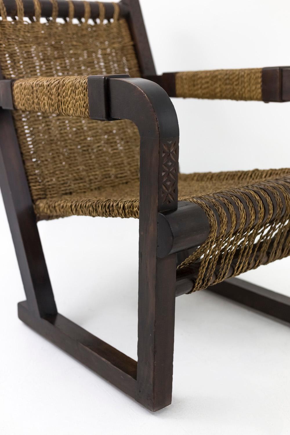 Francis Jourdain style Armchair in wood and Ropes, Art Deco Period 1