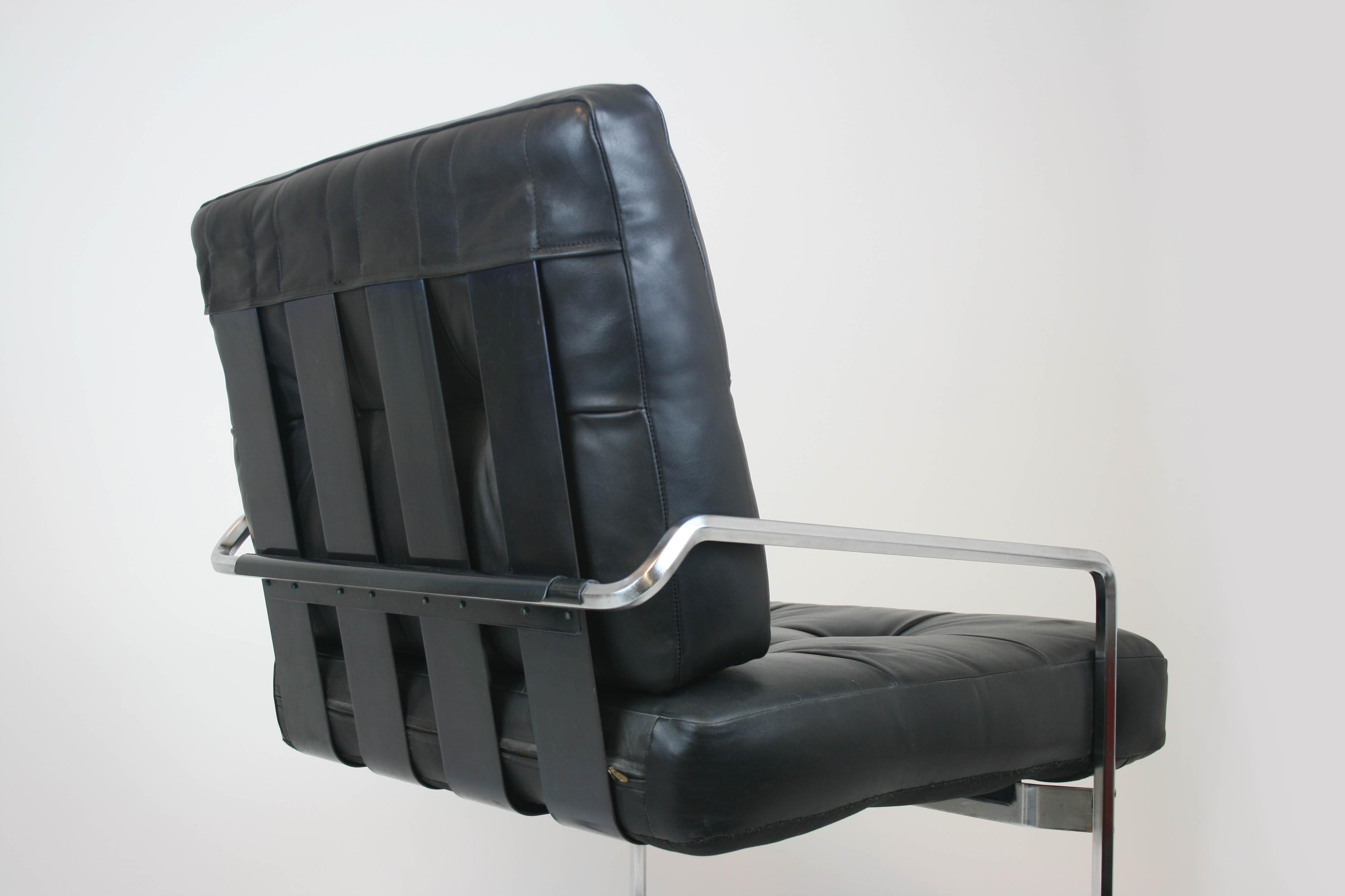 Mid-20th Century Armchair cantilever in the manner of Pierre Paulin, leather, black, steelframe For Sale