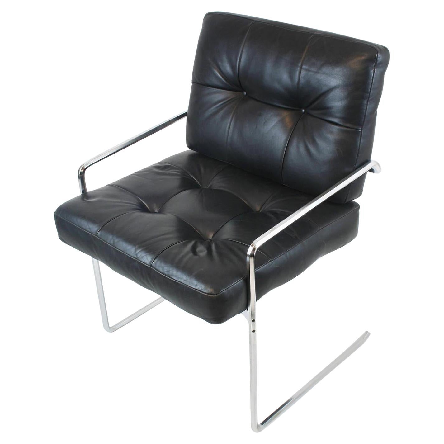 Armchair cantilever in the manner of Pierre Paulin, leather, black, steelframe For Sale