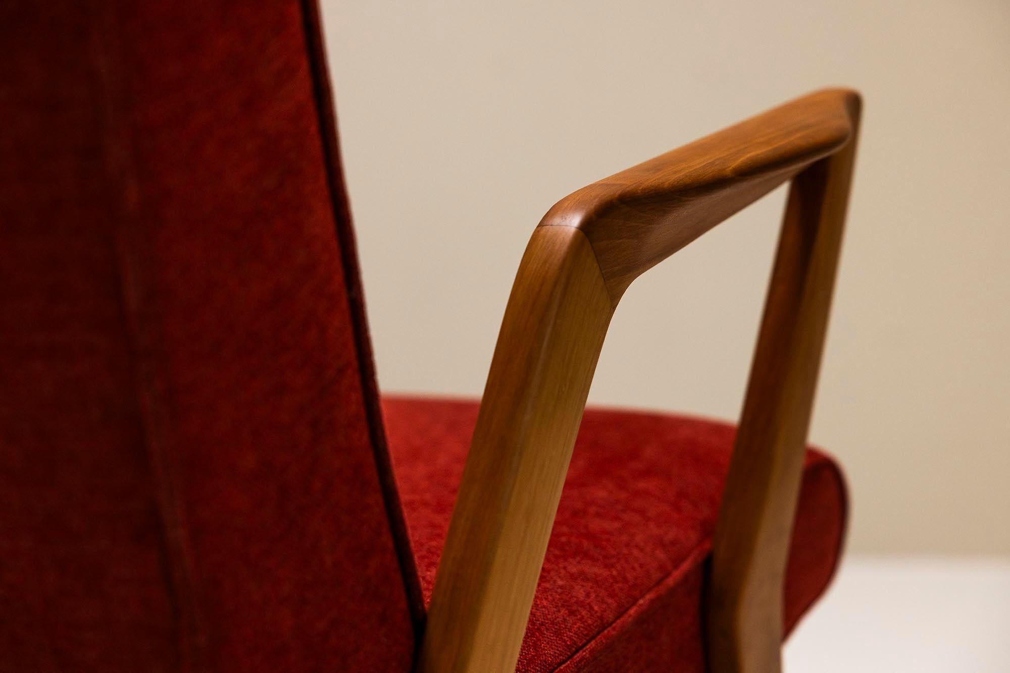 Armchair In Walnut And Burgundy Upholstery, Italy 1960's For Sale 4