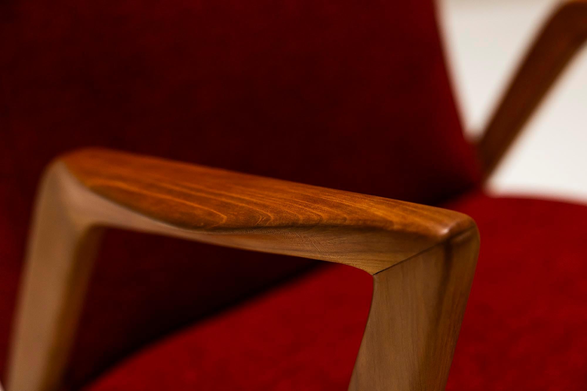 Armchair In Walnut And Burgundy Upholstery, Italy 1960's For Sale 1