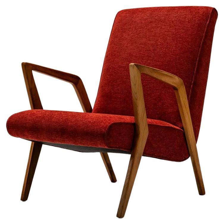 Armchair In Walnut And Burgundy Upholstery, Italy 1960's For Sale