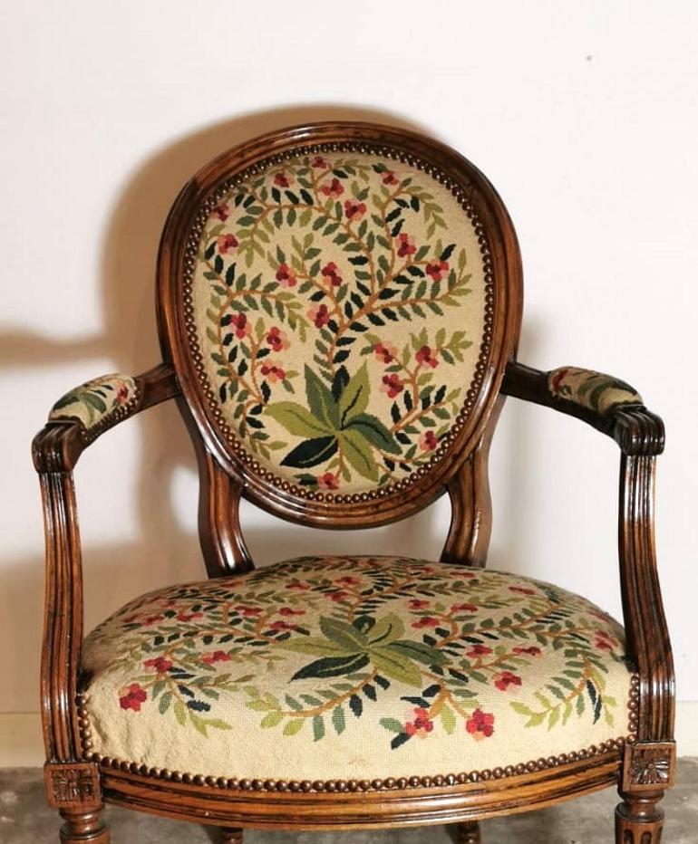 Napoleon III 19th Century Walnut Armchair  with Needlepoint Upholstery France