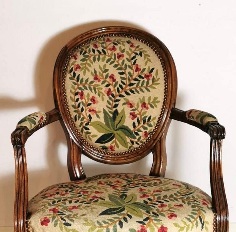 French 19th Century Walnut Armchair  with Needlepoint Upholstery France