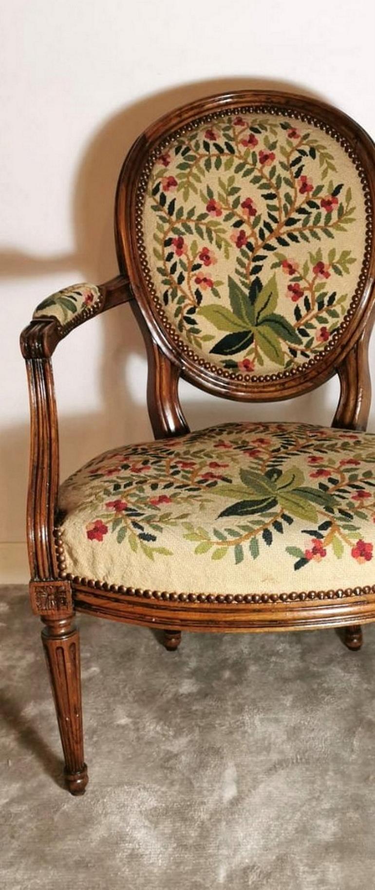 Wool 19th Century Walnut Armchair  with Needlepoint Upholstery France