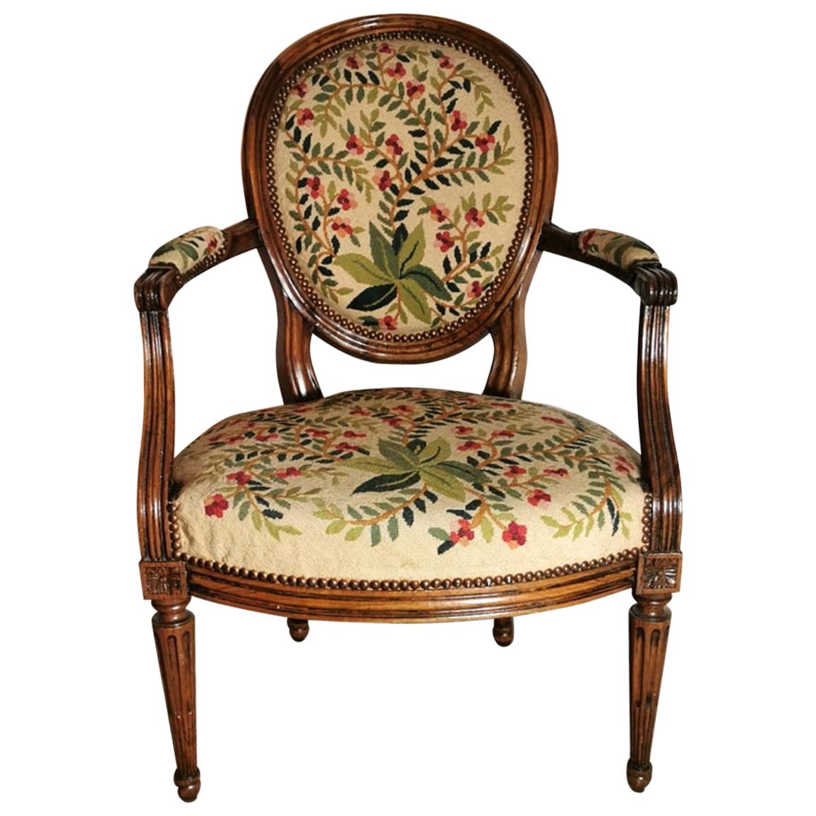 19th Century Walnut Armchair  with Needlepoint Upholstery France