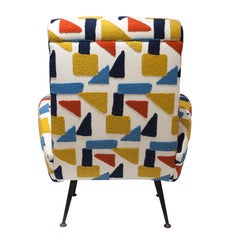 Armchair in White Linen and Wool Embroidery and Brass Legs, Italy, 1950