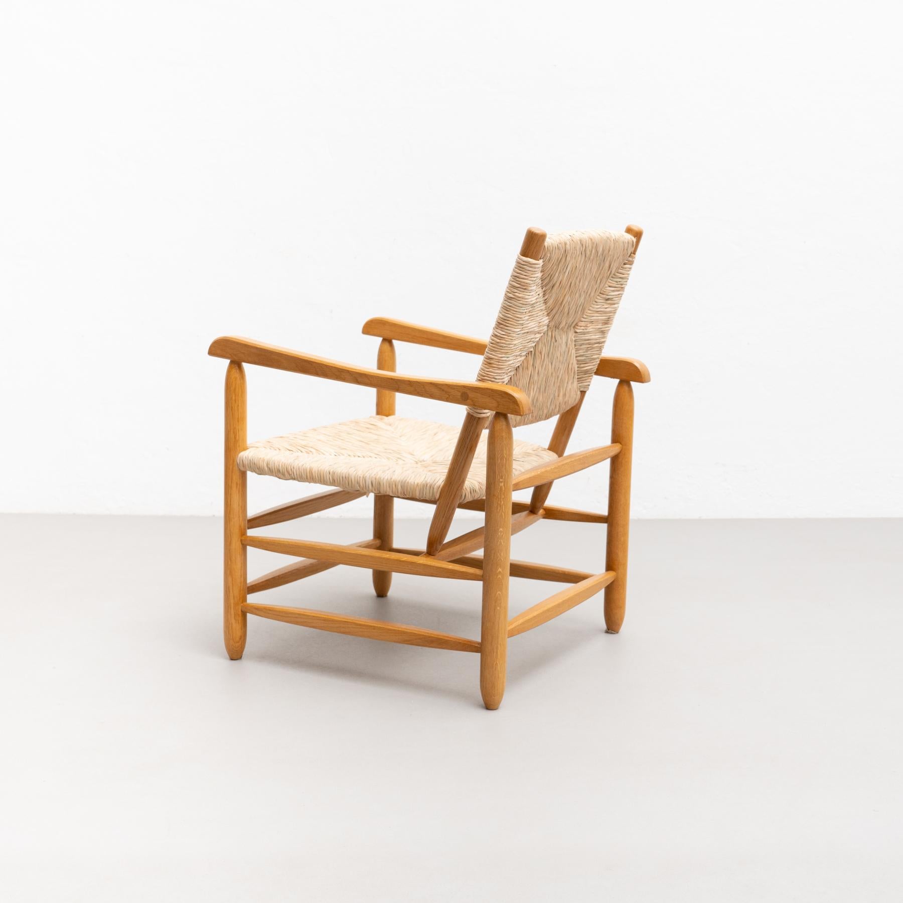 Mid-Century Modern Armchair in Wood and Cane, circa 1980 For Sale