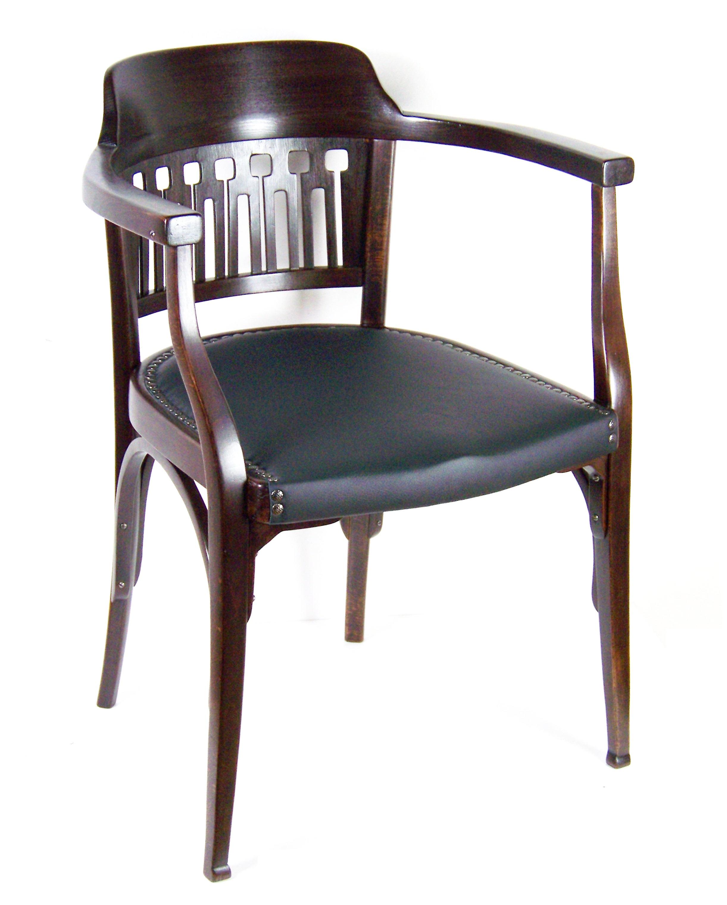 Viennese secession armchair are in the antiques world it often attributed to Otto Wagner. In the production program was included, circa 1906. Marked with paper label and stamp. Newly restored, true leather in seat.