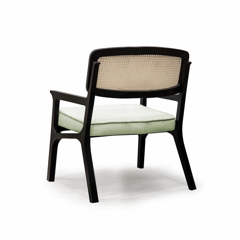 Black lacquered wood structure with natural rattan back detail and soft comfortable upholstery seat. Made to order.

If you are planning on ordering an upholstery item with COM upholstery, please follow these instructions: 
- Let us know that you