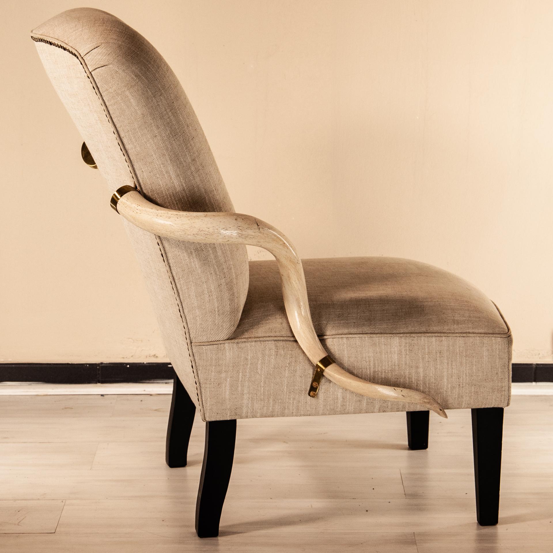 Armchair Kudu, Natural Horn Armrest, Upholstered in Fabric, Solid Brass Details For Sale 4