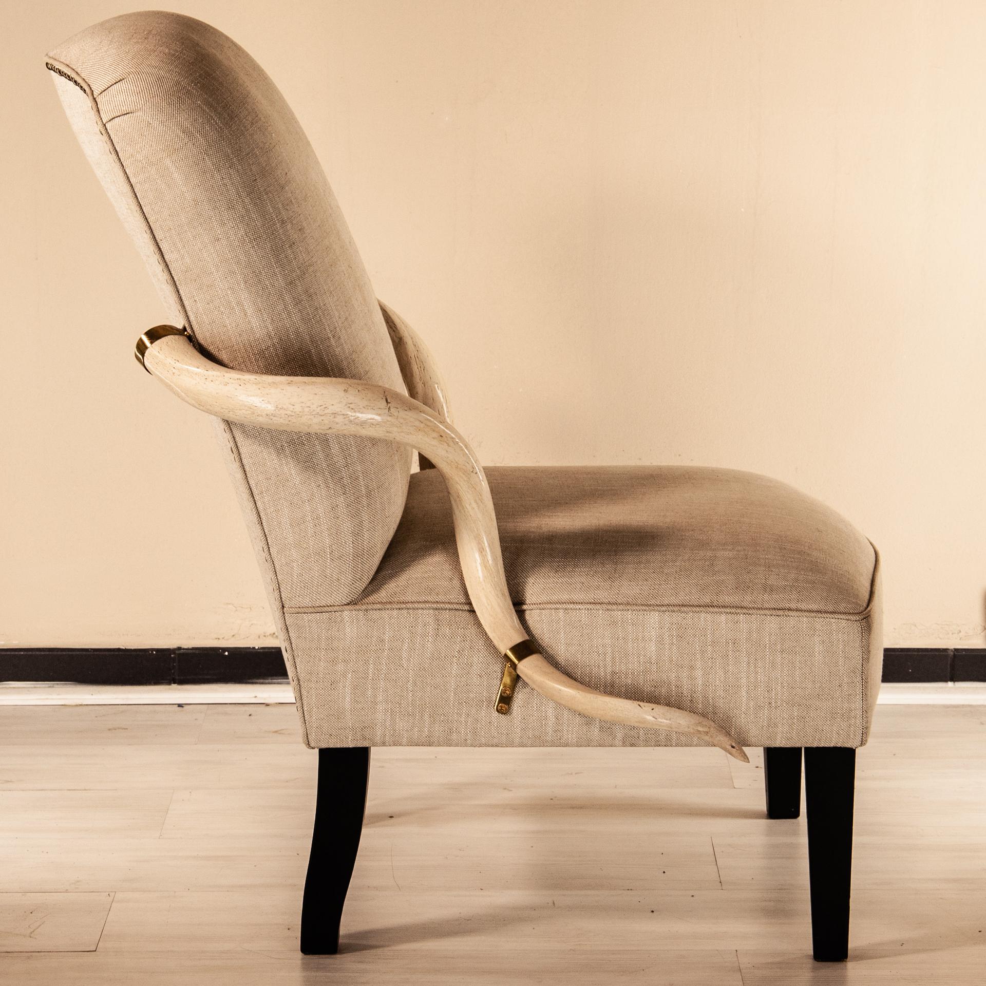 Armchair Kudu, Natural Horn Armrest, Upholstered in Fabric, Solid Brass Details For Sale 5