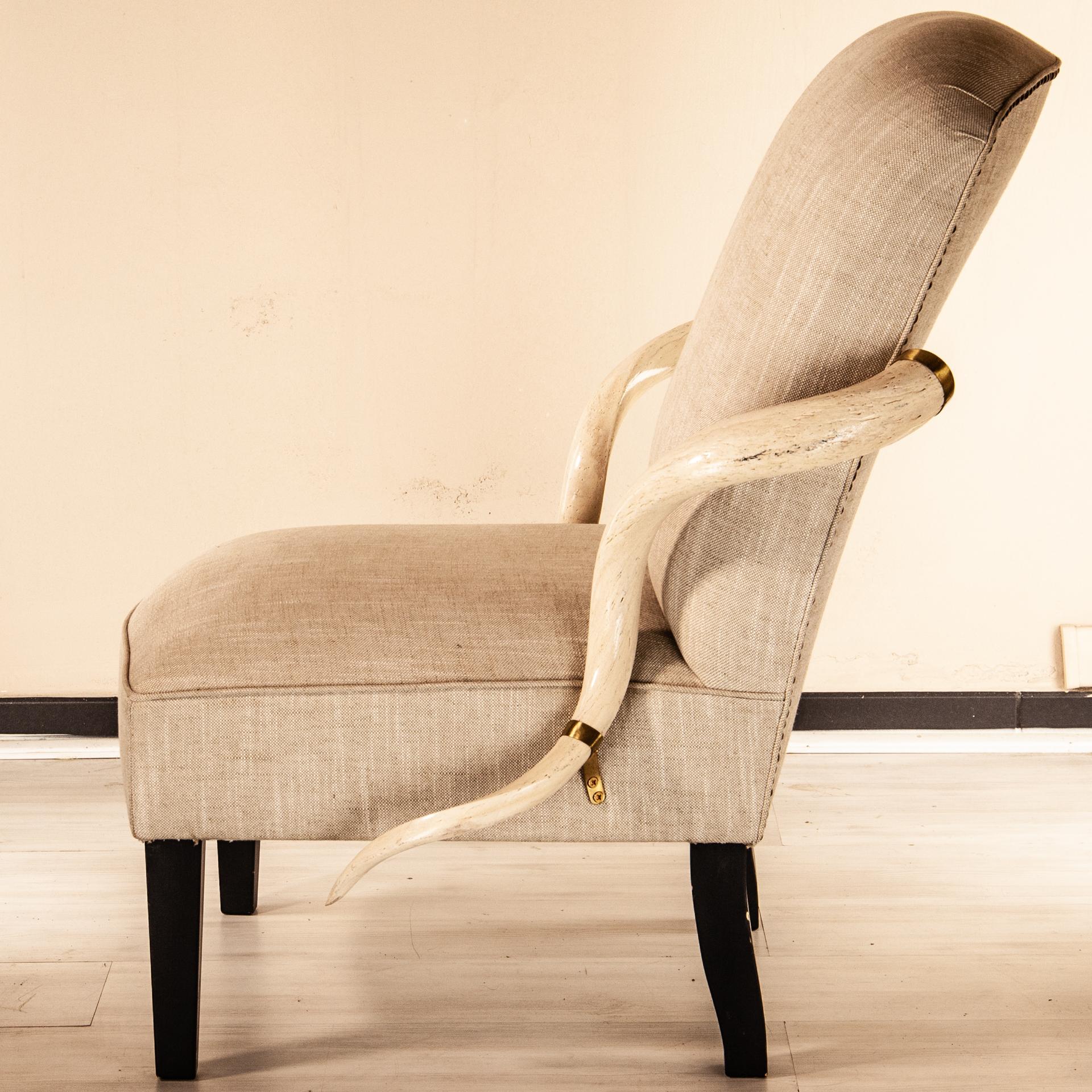 Italian Armchair Kudu, Natural Horn Armrest, Upholstered in Fabric, Solid Brass Details For Sale