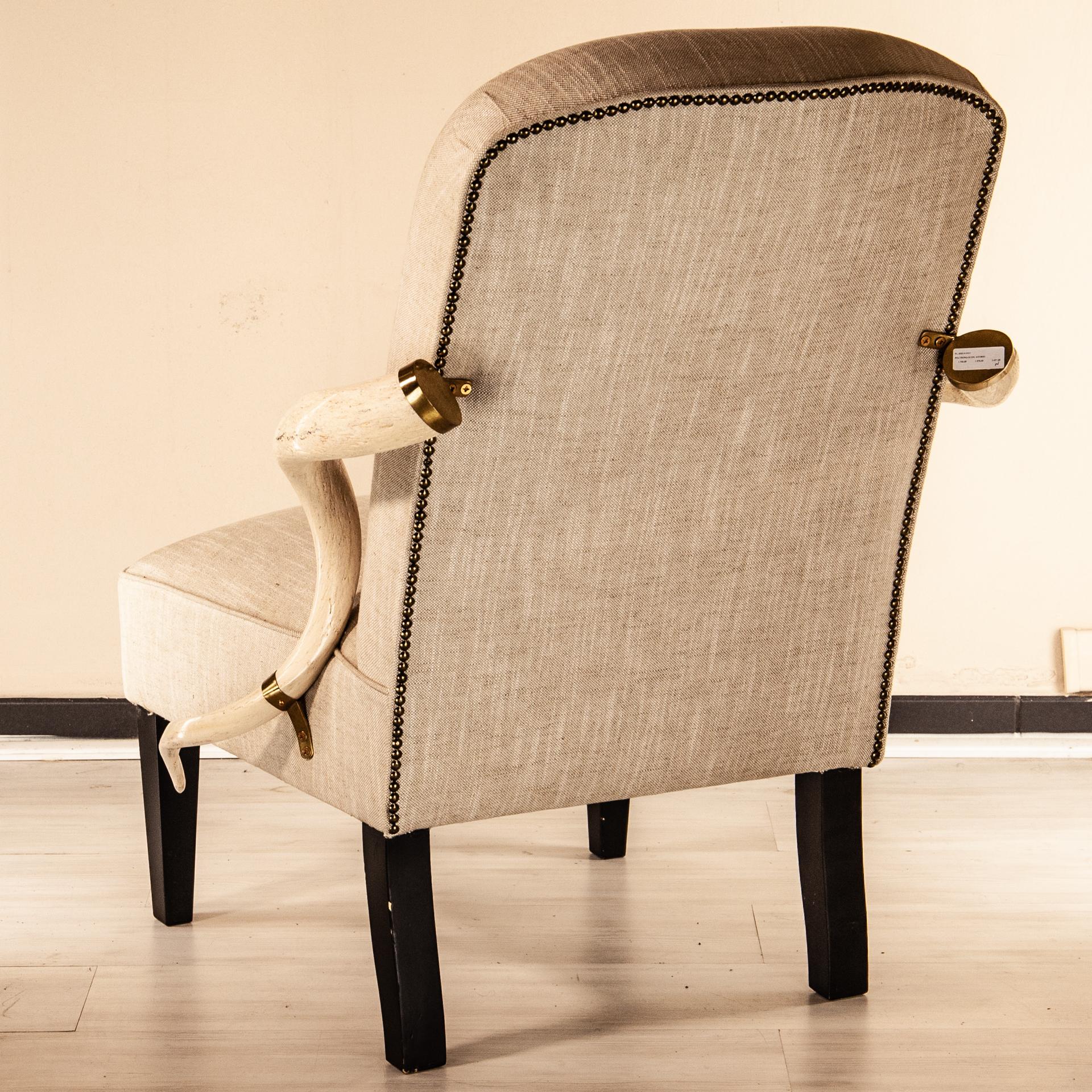 Contemporary Armchair Kudu, Natural Horn Armrest, Upholstered in Fabric, Solid Brass Details For Sale