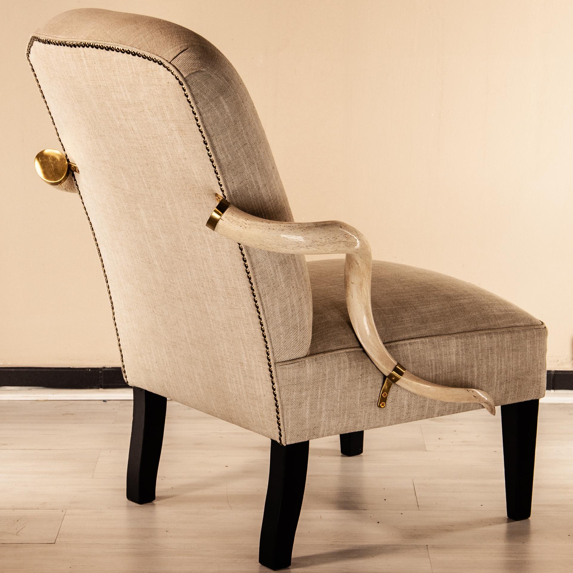 Armchair Kudu, Natural Horn Armrest, Upholstered in Fabric, Solid Brass Details For Sale 3