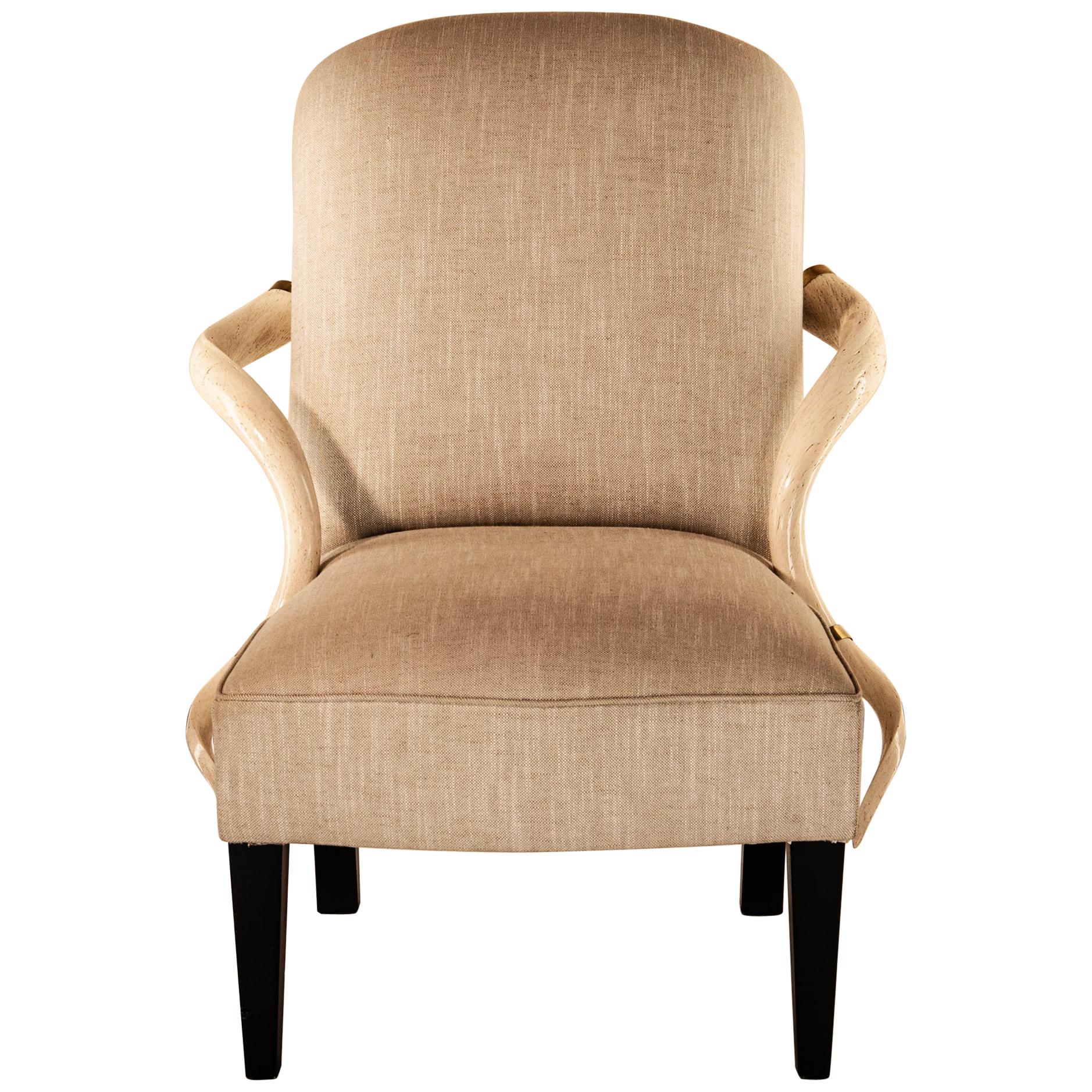 Armchair Kudu, Natural Horn Armrest, Upholstered in Fabric, Solid Brass Details For Sale