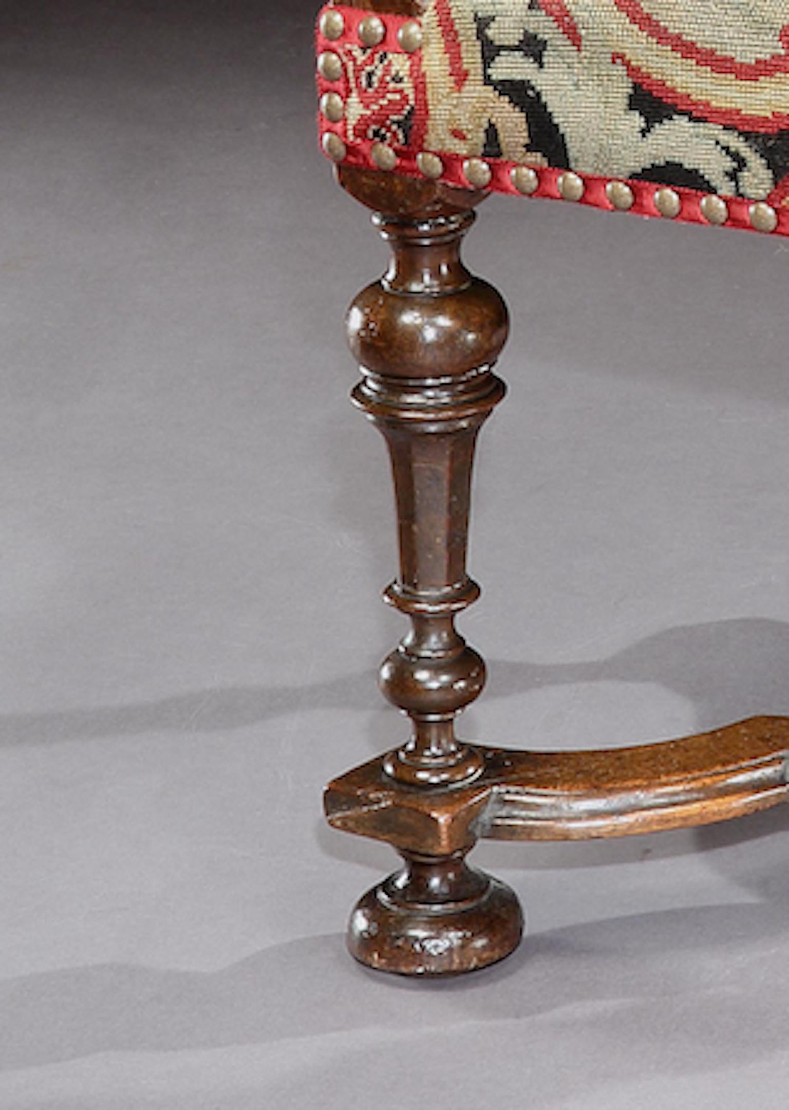Baroque Armchair chair 17th Century English Walnut Needlework X-Stretchered, Scroll For Sale