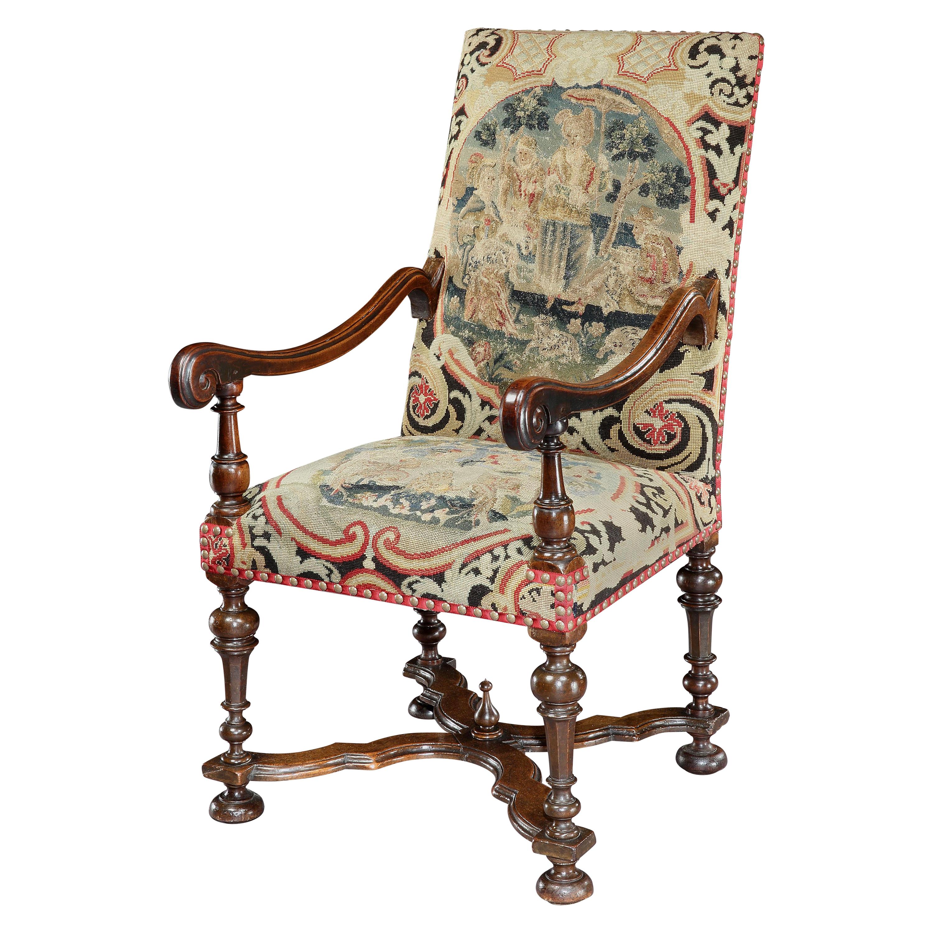 Fauteuil chaise 17ème siècle Anglais Noyer Aiguillé X-Stretchered:: Scroll
