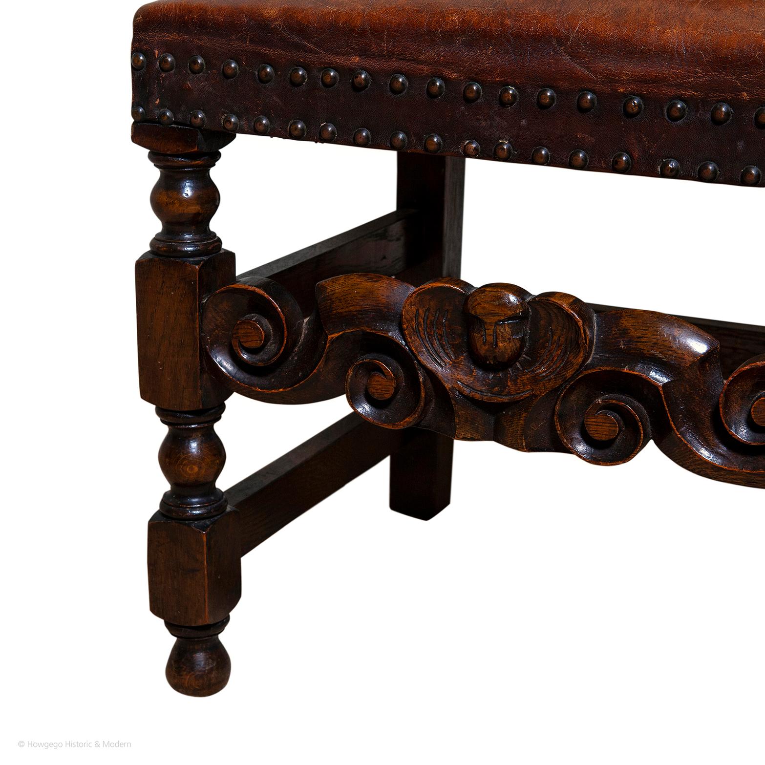 English Armchair Leather Oak 19th Century Baroque Jacobean Revival Antiquarian For Sale