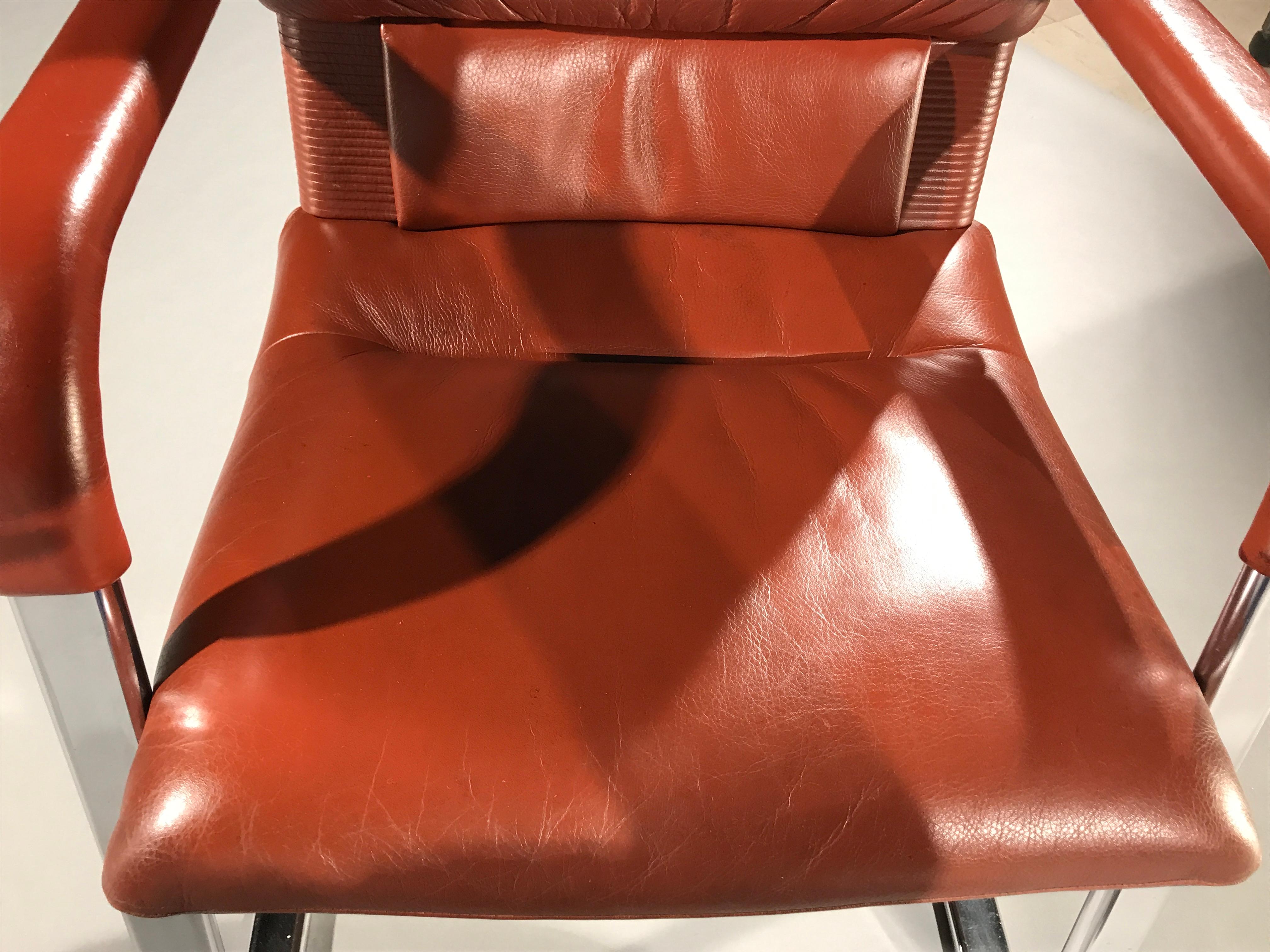 European Armchair Leathertan Chrome Signed Mario Bellini Vitra Office Bellini Collection For Sale