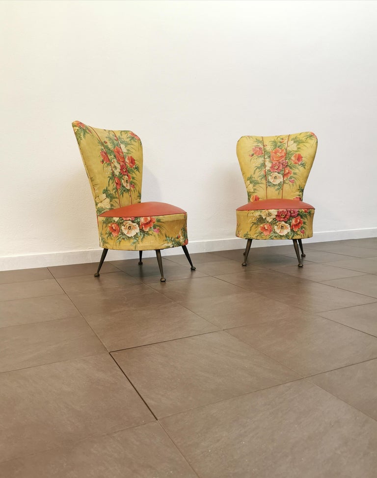 Armchairs Living Room Faux Leather Red Brass Midcentury Italy 1950s Set