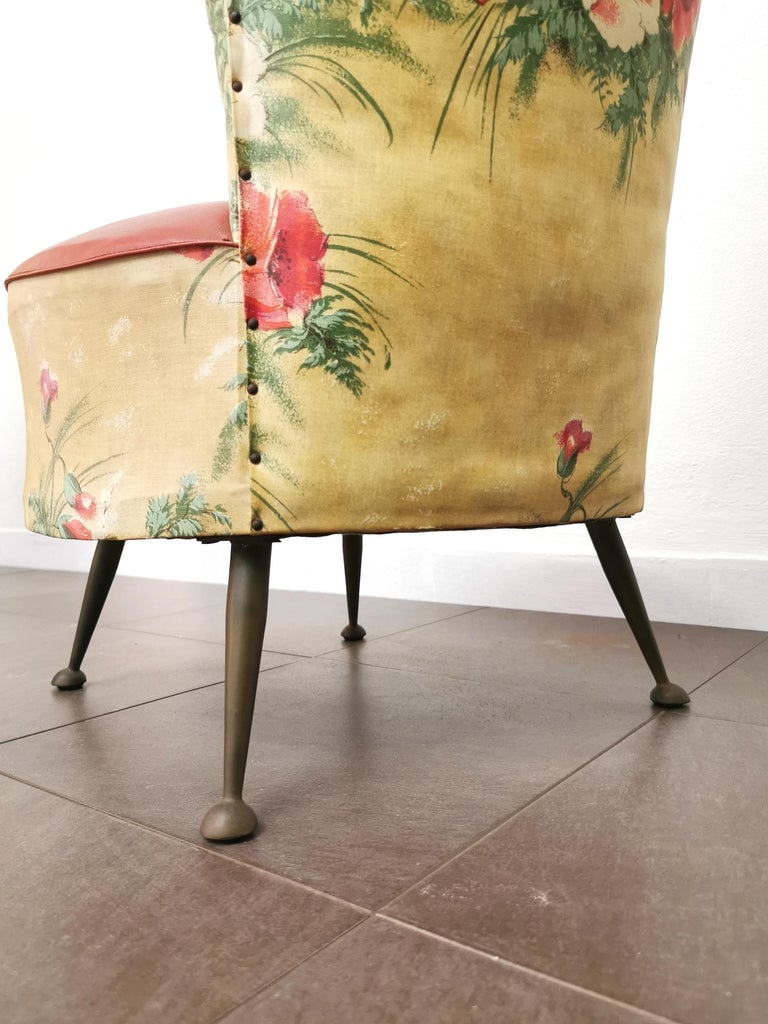 Armchairs Living Room Faux Leather Red Brass Midcentury Italy 1950s Set